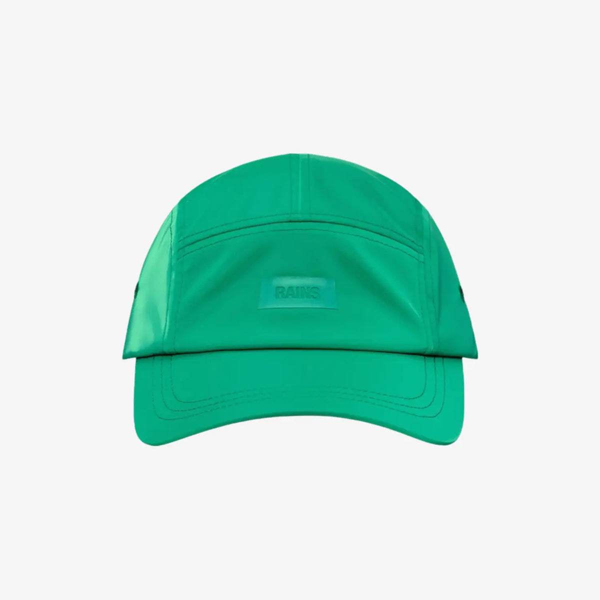 5 Panel Cap Element vert émeraude vue de face, patch RAINS ton sur ton au centre