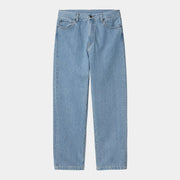 Aaron Pant Carhartt WIP Stone Bleached à plat de face, denim bleu clair délavé uniforme, cinq poches