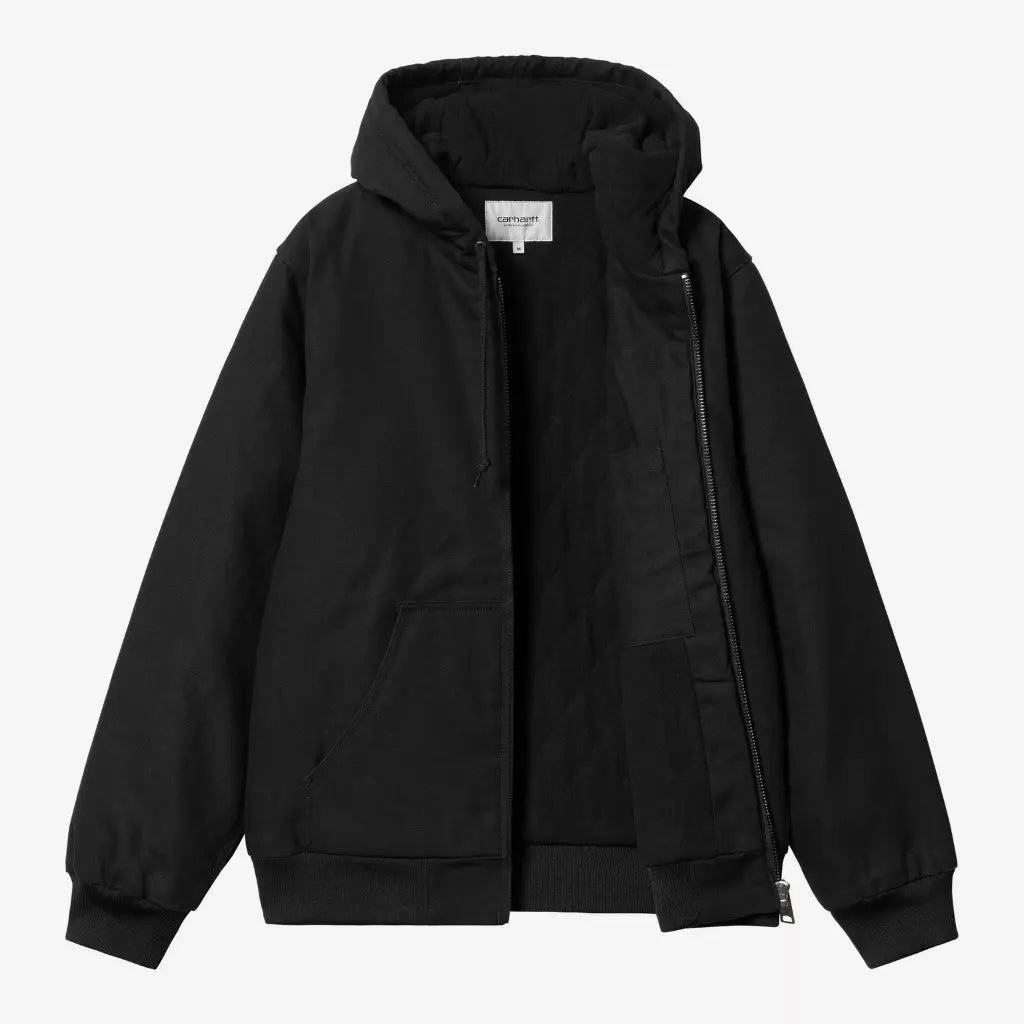 Veste Active Winter Black Rigid Carhartt WIP ouverte : doublure micro-polaire matelassée et poche kangourou