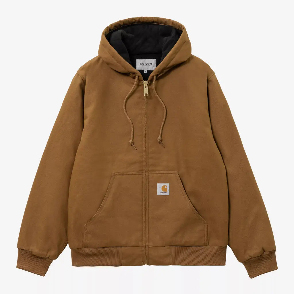 Veste Active Winter Carhartt WIP Hamilton Brown Rigid, vue de face à plat : toile brune, zip laiton, capuche doublée noire