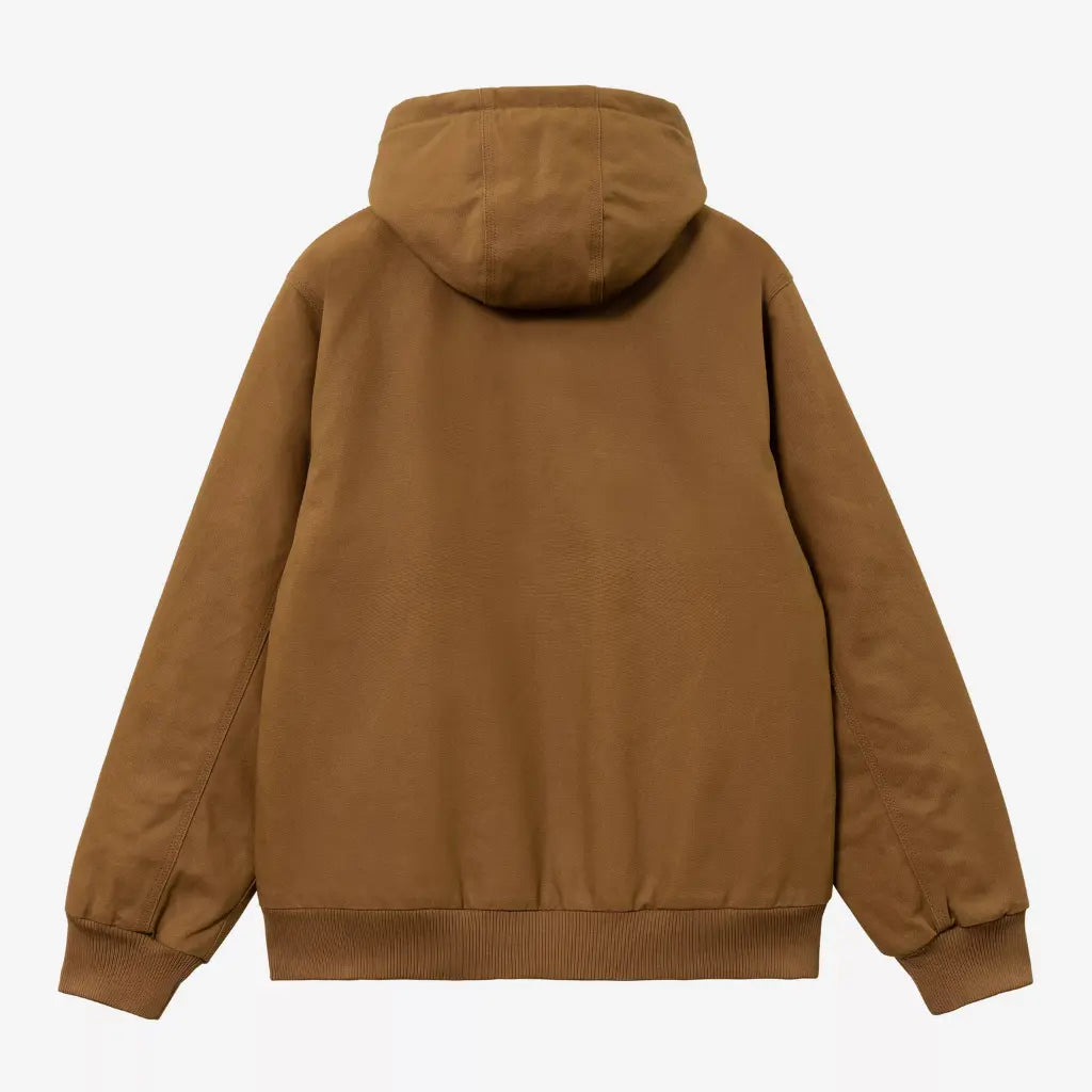 Veste Active Winter Carhartt WIP Hamilton Brown Rigid, dos à plat : toile brune unie, capuche rabattue, ourlet bord-côte