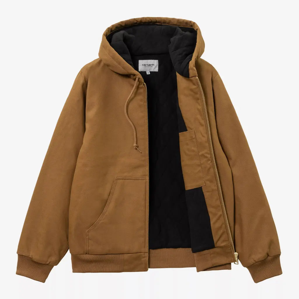 Veste Active Winter Carhartt WIP Hamilton Brown Rigid ouverte : doublure matelassée noire et poche intérieure poitrine