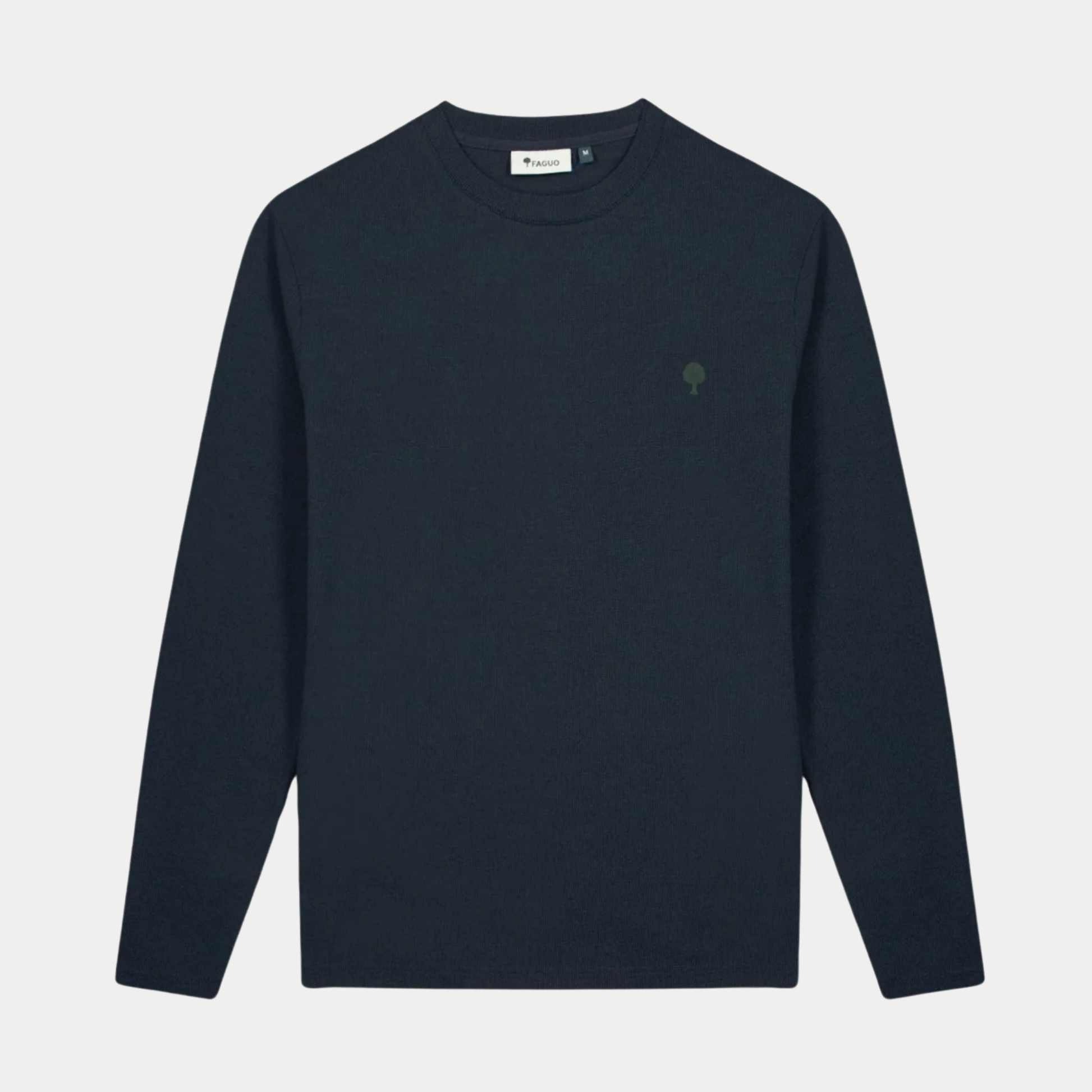T-shirt manches longues Bailly bleu marine Faguo vu de face, col rond côtelé et arbre brodé vert olive