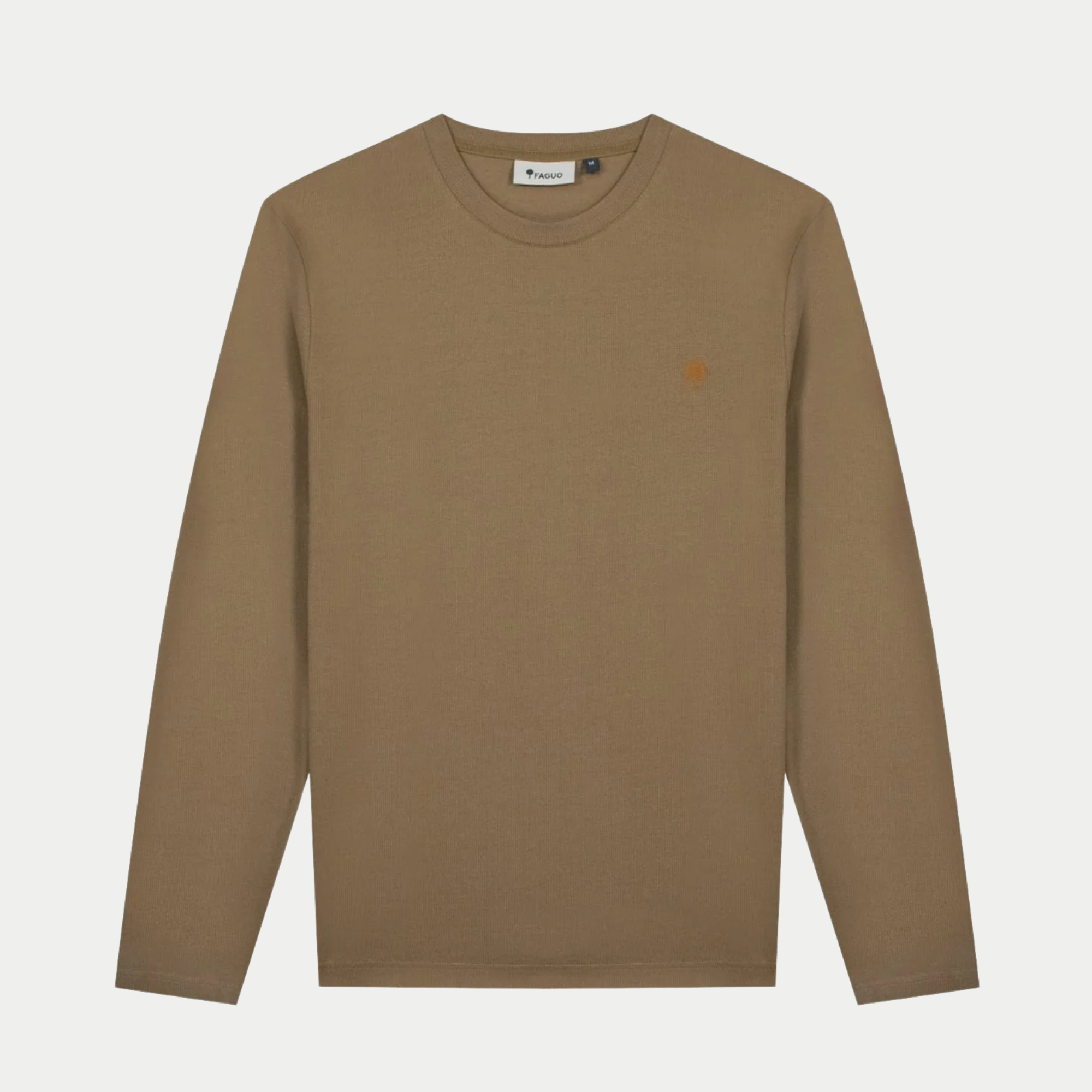 T-shirt manches longues Bailly camel Faguo vu de face, col rond et petit arbre brodé orange