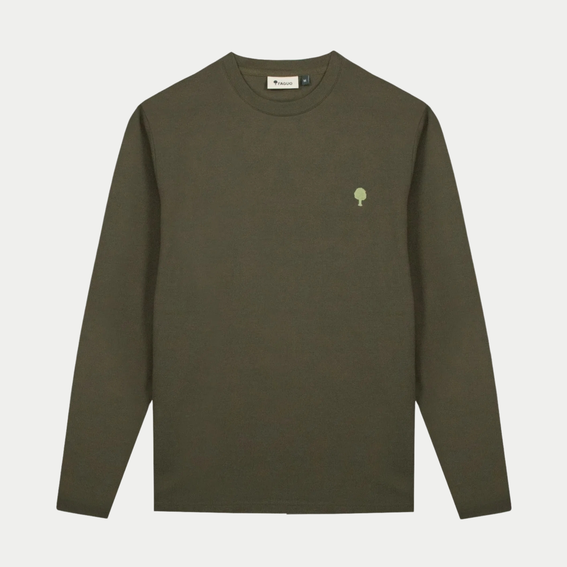 T-shirt manches longues Bailly kaki Faguo vu de face, col rond et arbre brodé vert clair