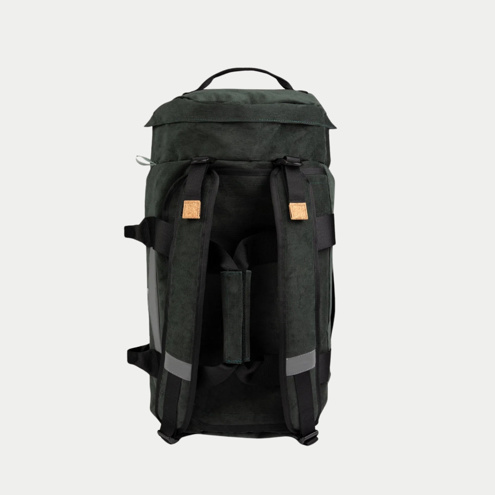 Big Duffle Faguo vert foncé vu de dos, bretelles matelassées de sac à dos, bandes réfléchissantes et patchs liège
