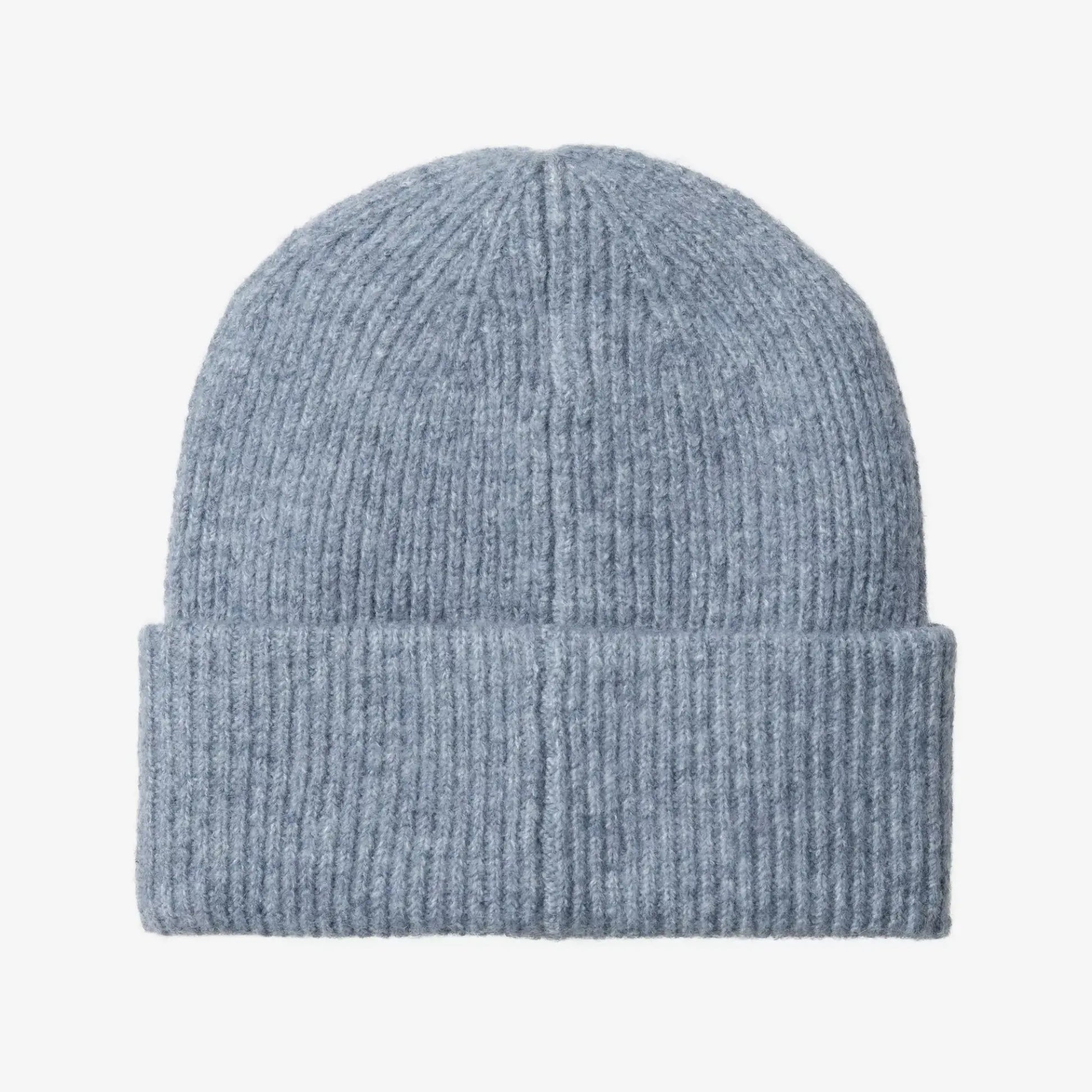 Bonnet Curtis Shady Blue Carhartt WIP vu de dos, maille côtelée bleu gris clair chiné, revers large sans logo