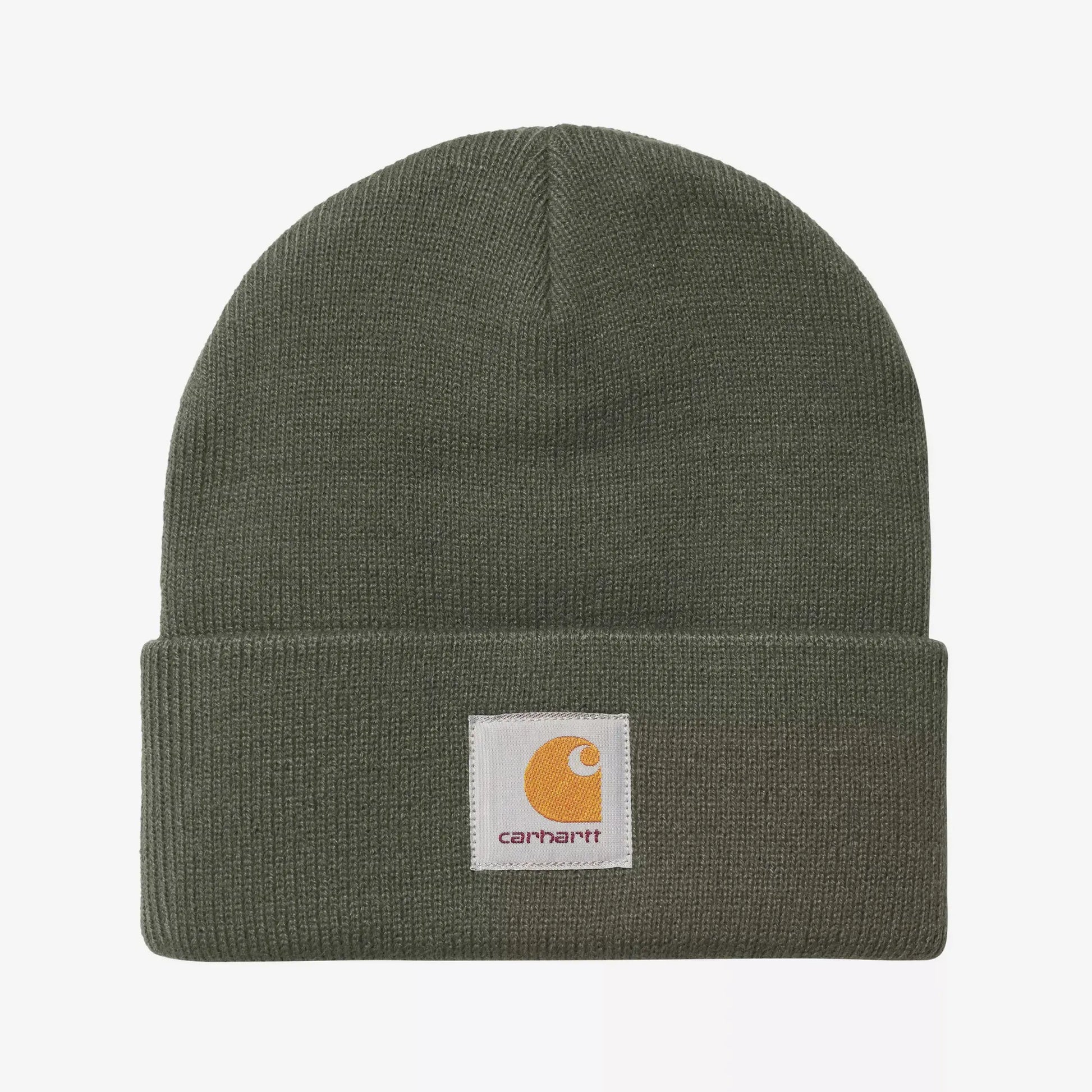 Bonnet Short Watch Shungite Carhartt WIP, vue de face : maille côtelée vert kaki grisé et étiquette tissée sur le revers