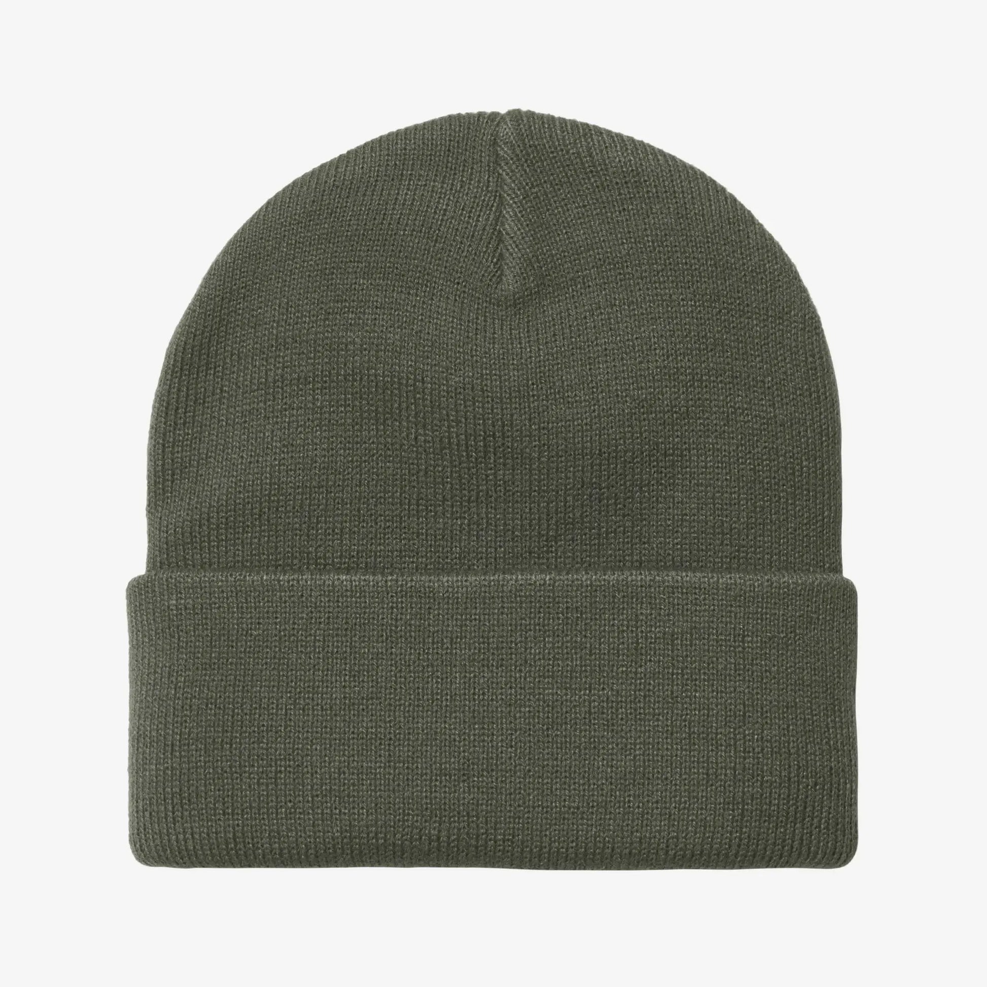 Bonnet Short Watch Shungite Carhartt WIP, vue de dos : revers côtelé uni en maille acrylique vert kaki grisé, sans étiquette
