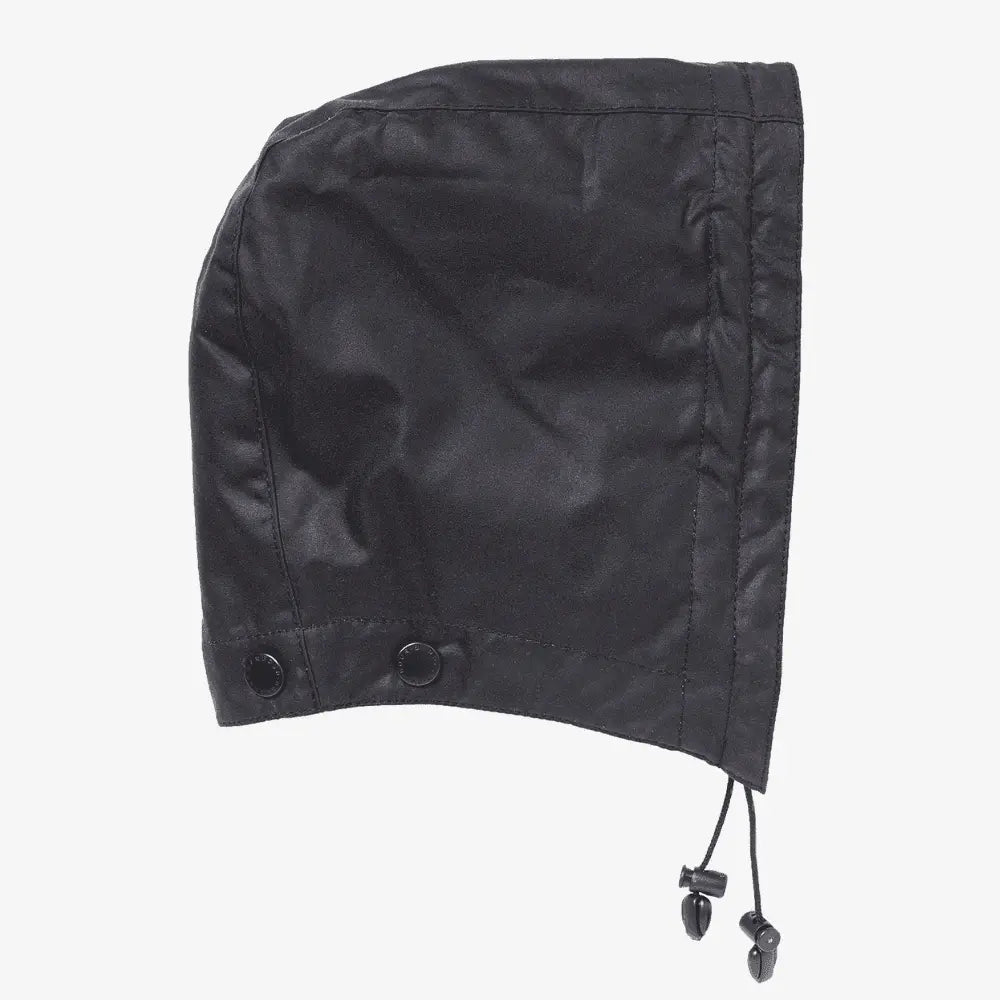 Capuche Barbour Wax navy en coton ciré, vue de profil fermée, boutons-pression et cordon de serrage à double stoppeur
