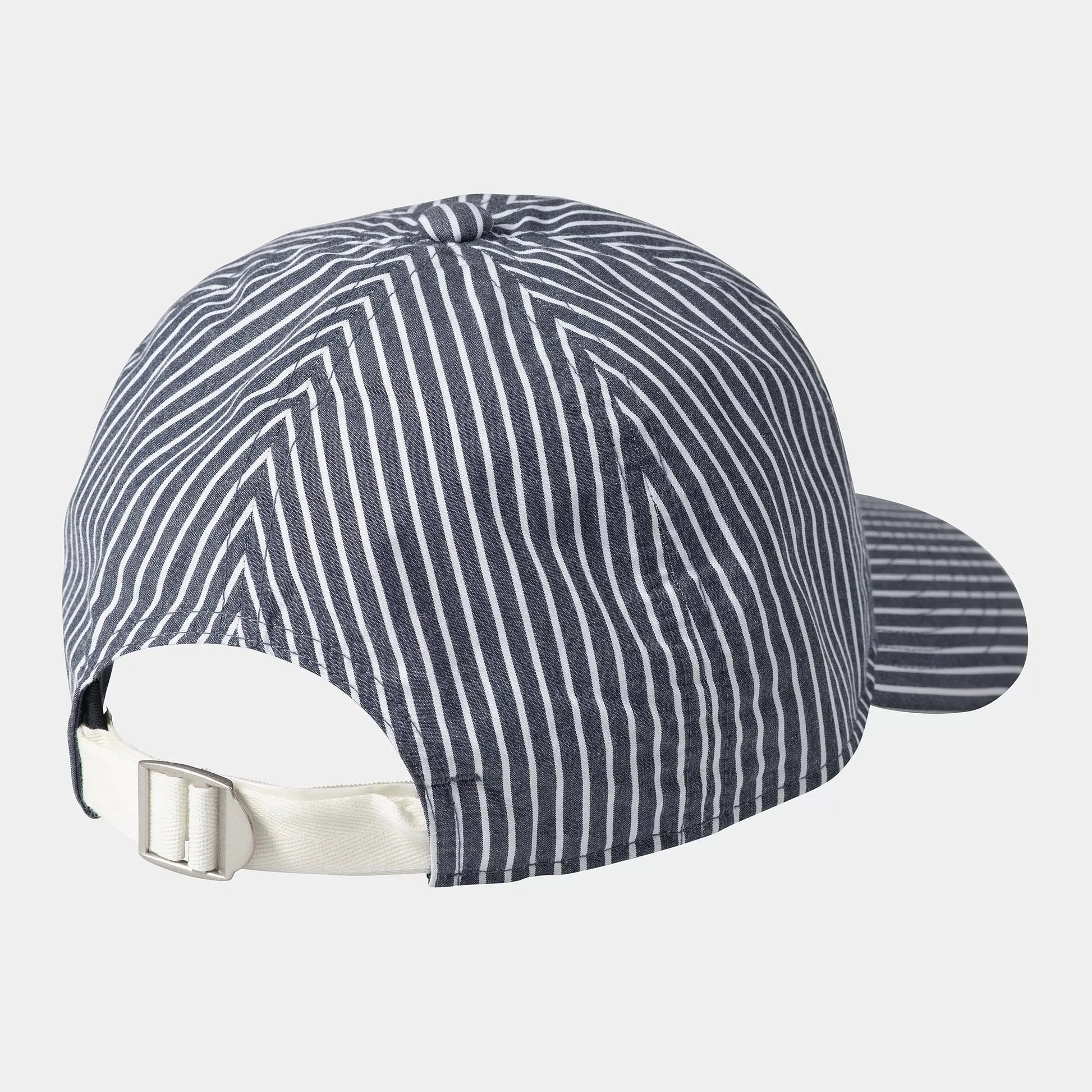 Casquette Notus Carhartt WIP à rayures marine et blanc, vue de dos avec sangle ajustable blanche et boucle métal