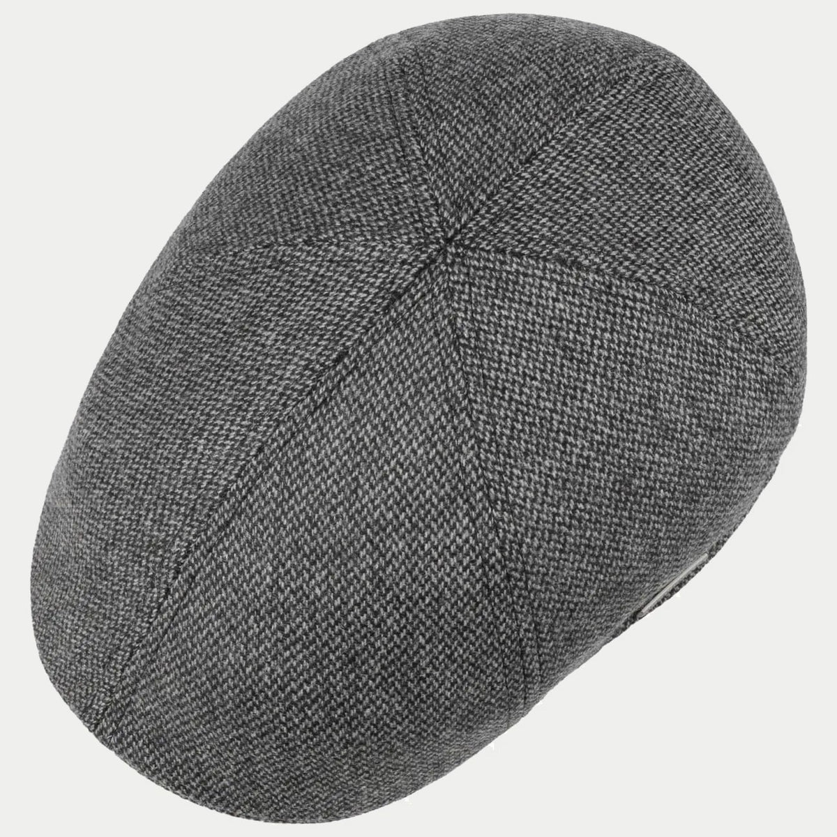 Casquette Texas grise vue de dessus, coutures de la calotte et tissu de laine à chevrons chiné