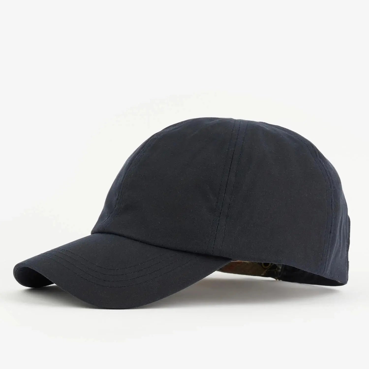 Casquette Wax Sports Navy Barbour - profil gauche, visière courbée en coton ciré bleu marine