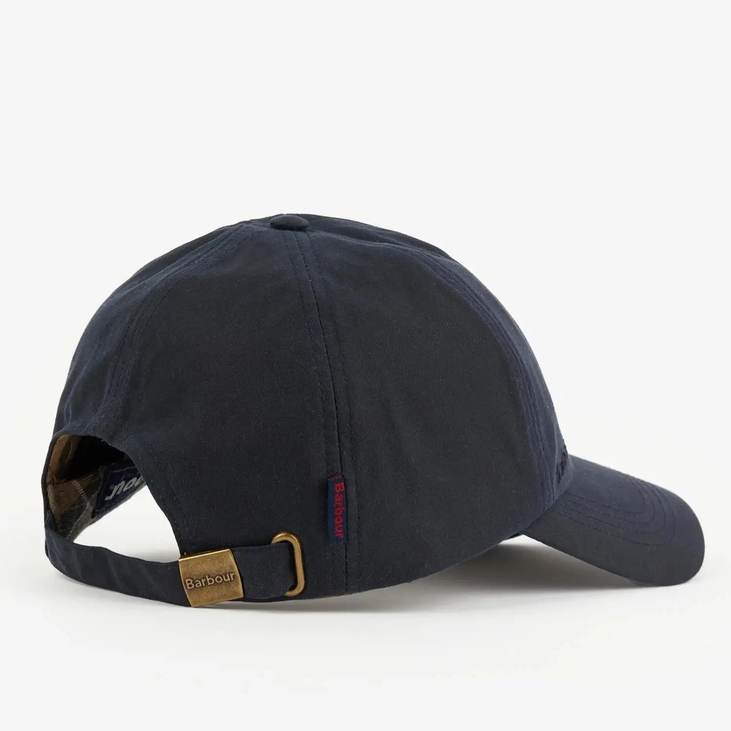 Casquette Wax Sports Navy Barbour - trois-quarts arrière, sangle réglable à boucle laiton et étiquette rouge