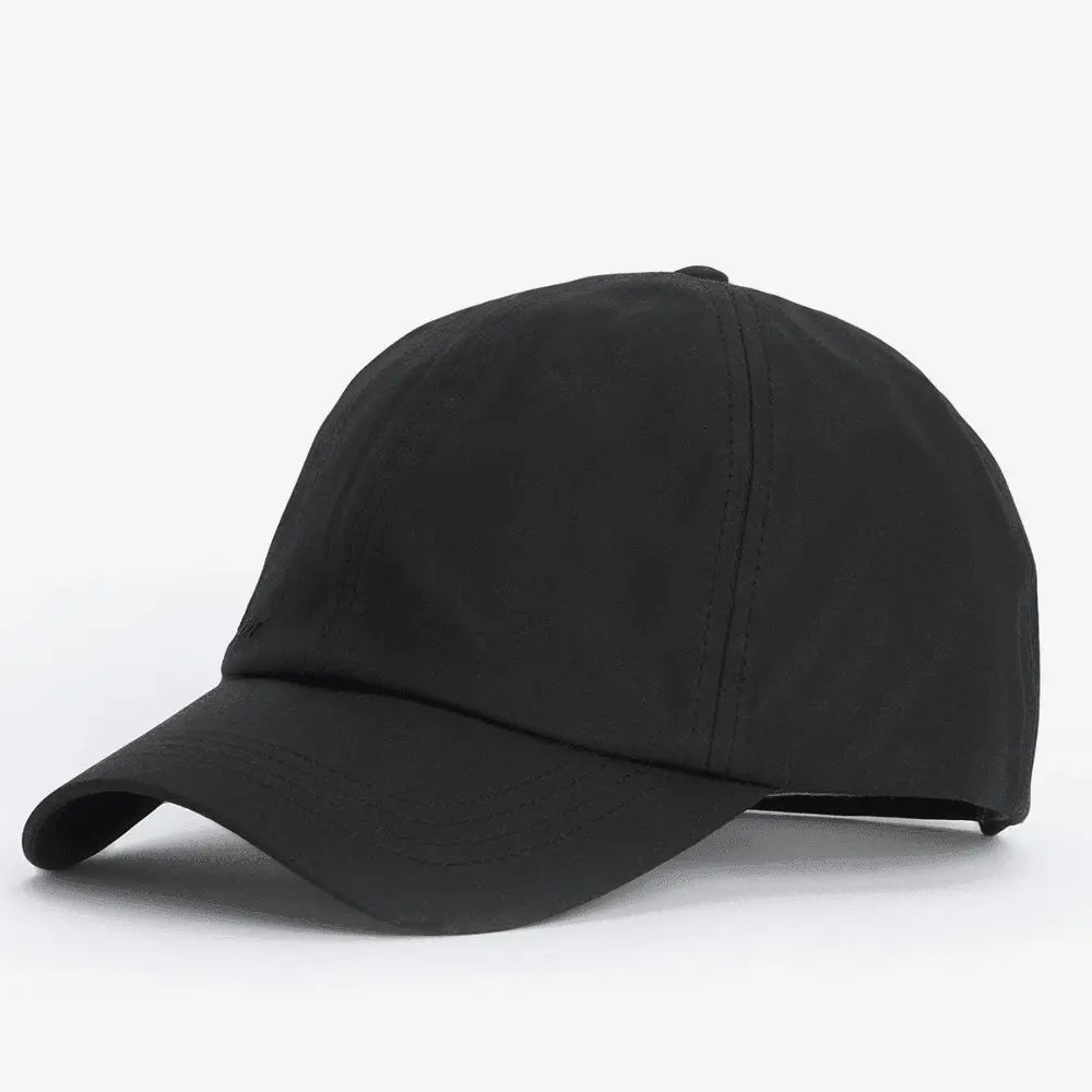Casquette Wax Sports noire Barbour - trois-quarts avant, coton ciré mat et visière courbée