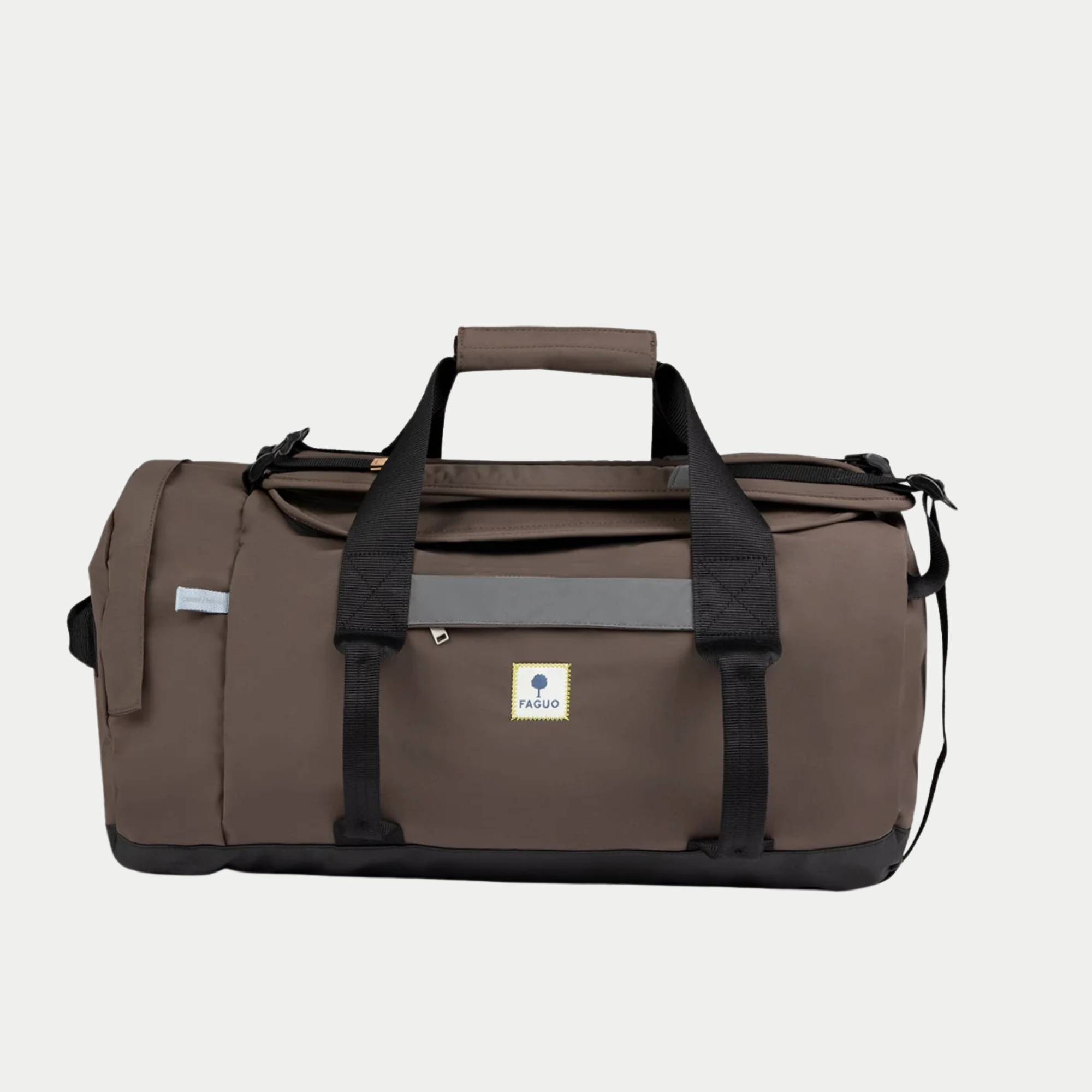 Sac de voyage Big Duffle chocolat Faguo de face, bande réfléchissante grise et poignées matelassées