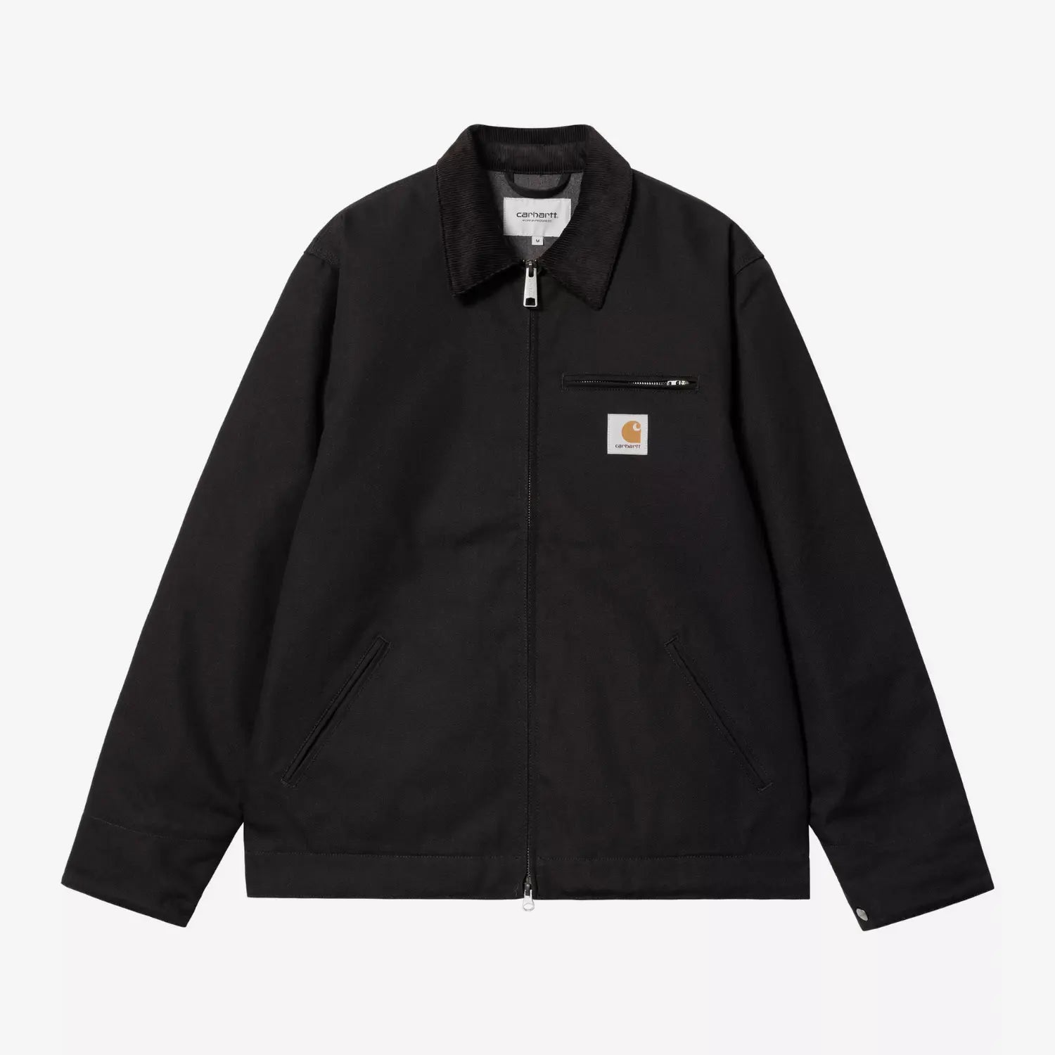 Veste Detroit Jacket Winter Black Rigid Carhartt WIP - à plat de face, col velours côtelé et poche poitrine zippée