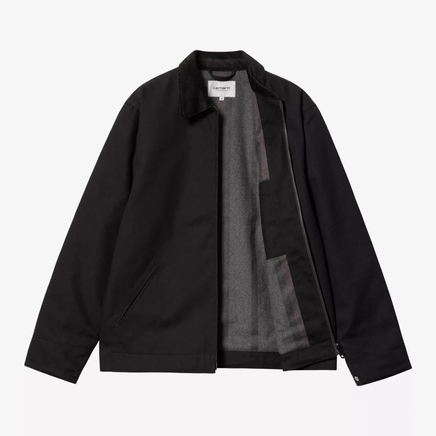 Veste Detroit Jacket Winter Black Rigid Carhartt WIP - ouverte sur sa doublure isolante grise rayée