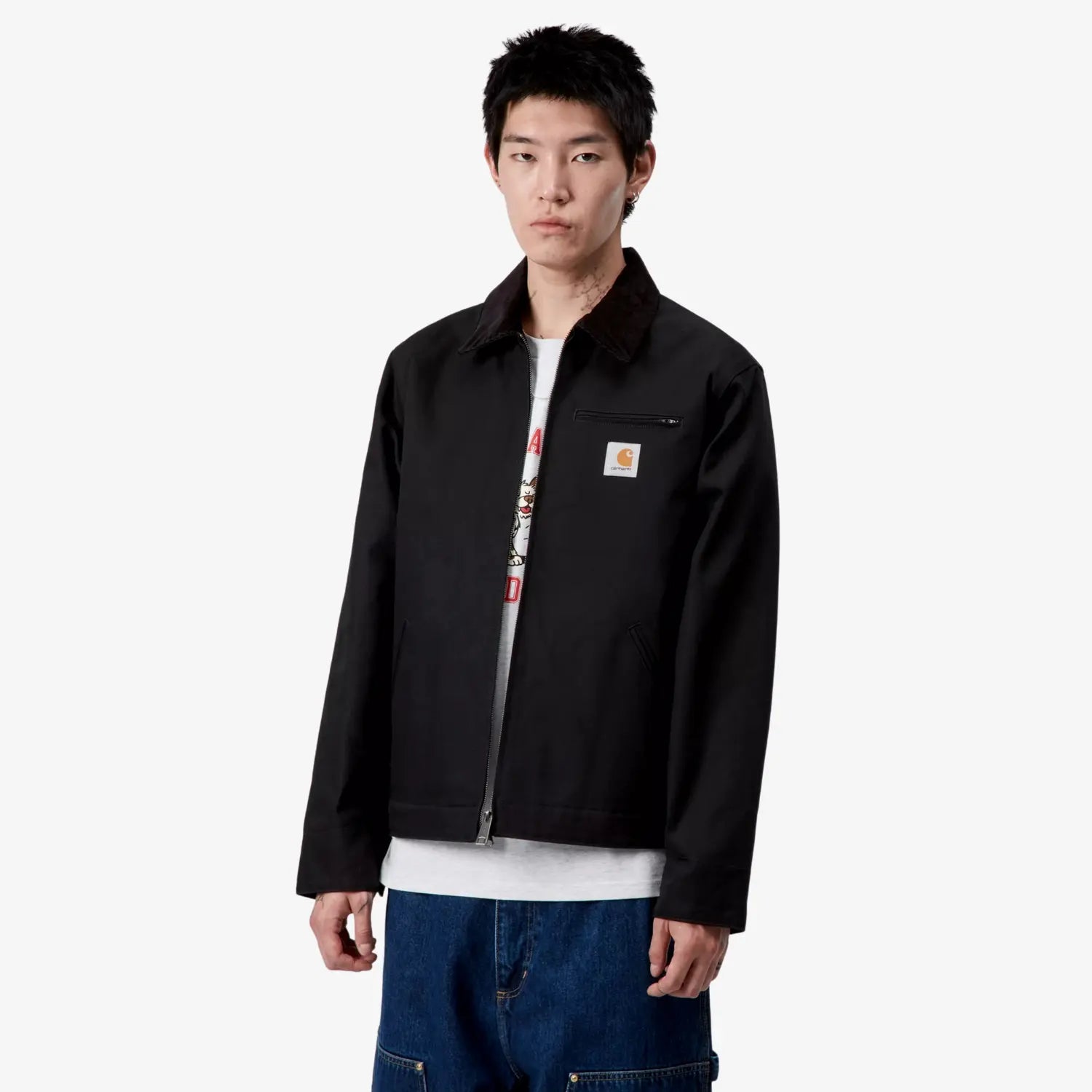 Veste Detroit Jacket Winter Black Rigid Carhartt WIP - portée de face, zip double sens ouvert sur le devant