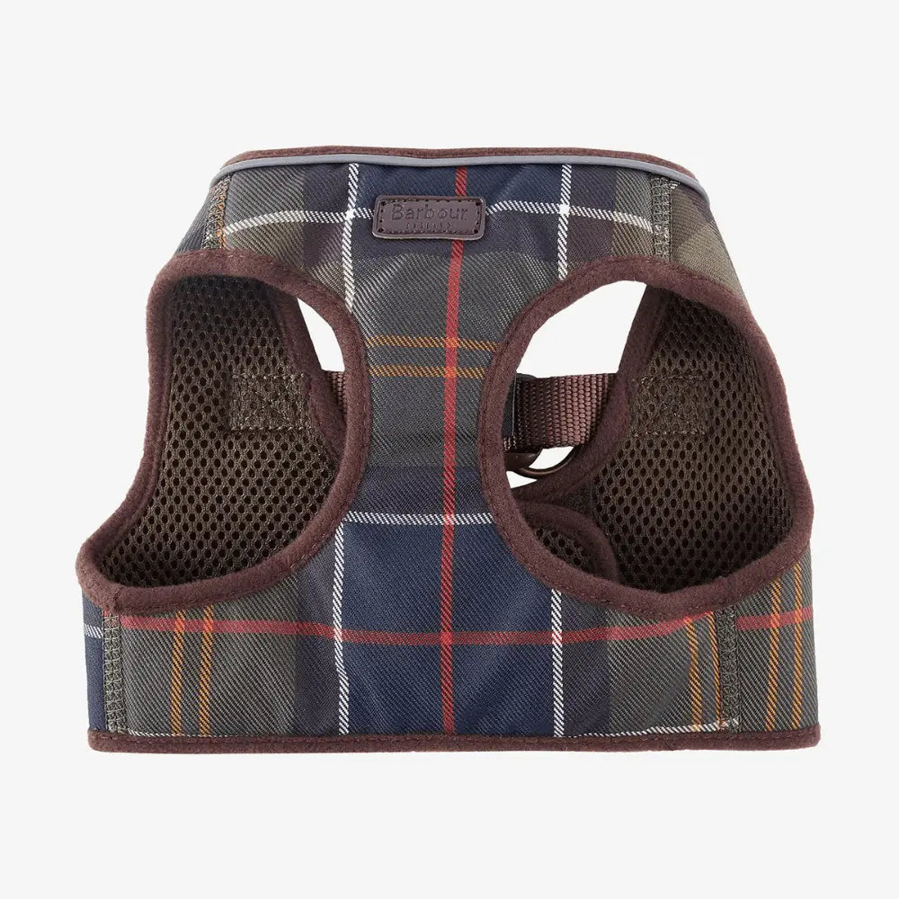Harnais chien Barbour Classic Tartan, badge Barbour embossé et ouvertures pour les pattes bordées de polaire marron