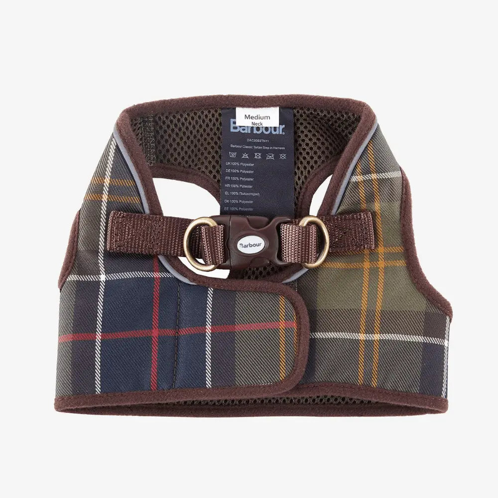 Harnais chien Barbour Classic Tartan ouvert : boucle clipsable Barbour, deux anneaux D en laiton et doublure maille
