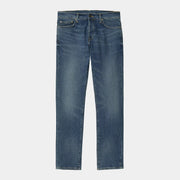 Klondike Pant Mid Used Wash Carhartt WIP à plat, bleu moyen avec moustaches nettes en haut des cuisses