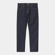 Klondike Pant Blue One Wash Carhartt WIP à plat, indigo profond sans patine et surpiqûres jaune paille