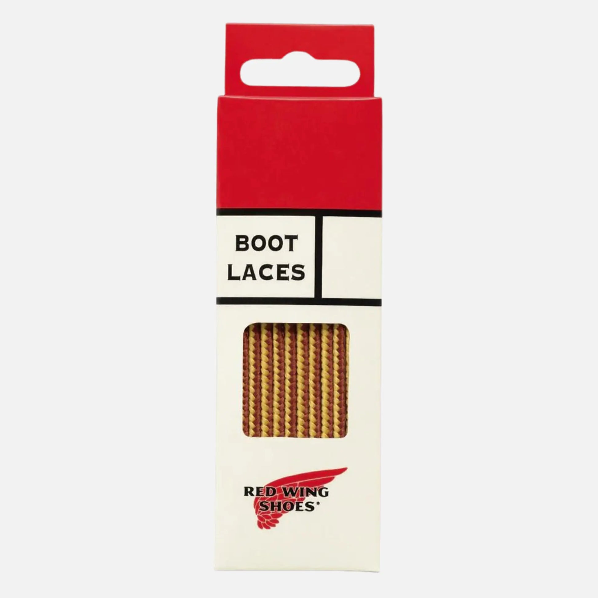 Lacets Taslan 122 cm Tan Gold Red Wing - boîte carton rouge et écrue, fenêtre ouverte sur le tressage bicolore brun et doré