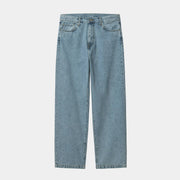 Landon Pant en denim bleu clair délavé bleached, à plat de face : coupe ample, cinq poches et braguette boutonnée