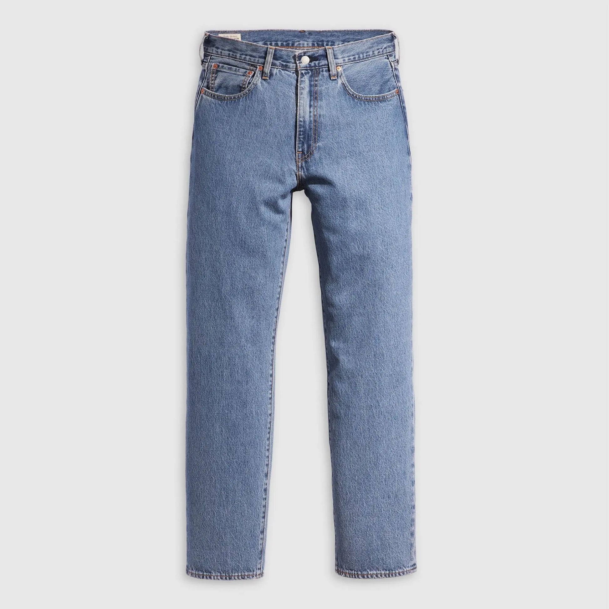 Jean Levi's 568 Loose Straight Blue Essentials, vue à plat de face, cinq poches et braguette zippée
