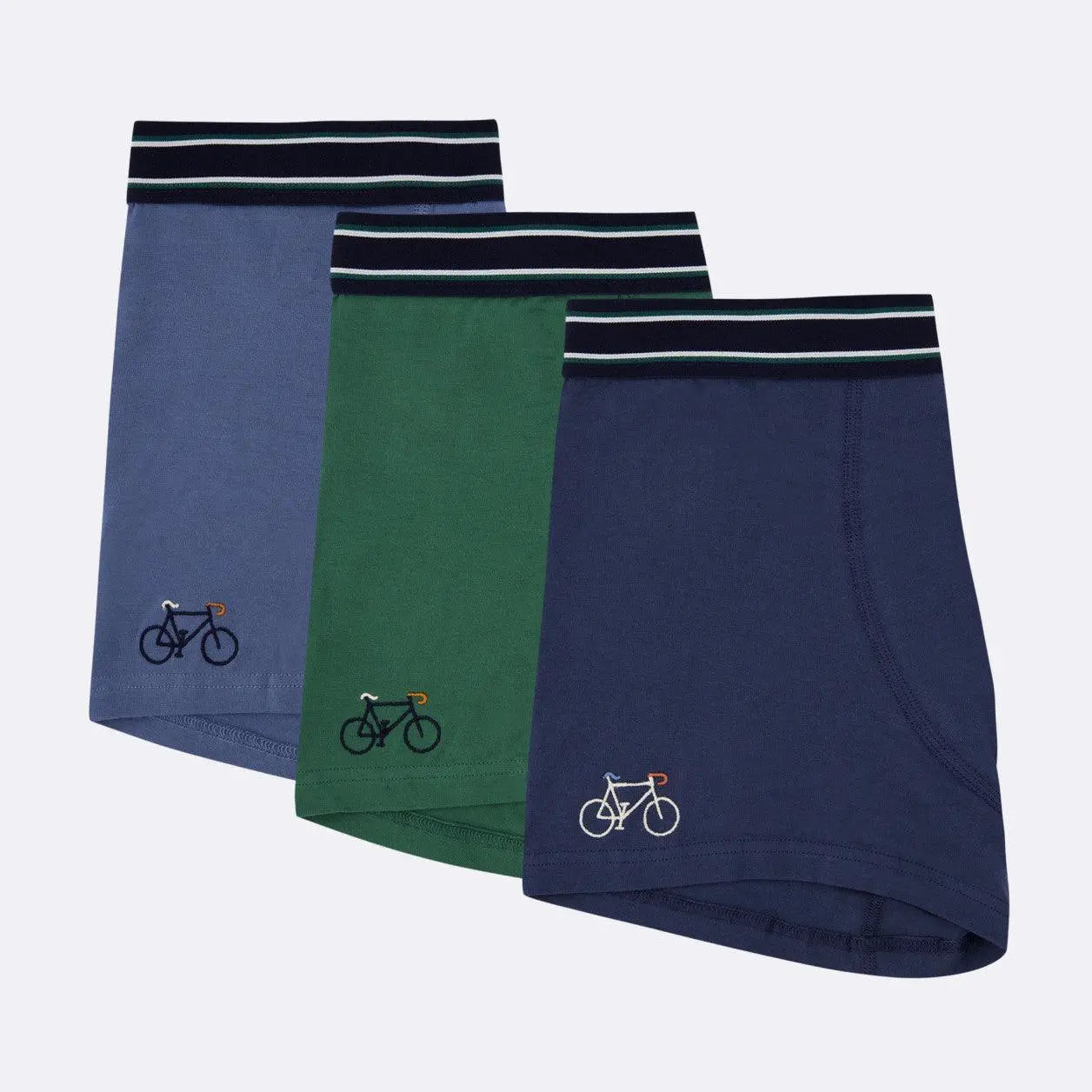 Lot de 3 boxers Faguo à broderie vélo à plat : bleu jean, vert sapin et bleu marine, ceinture élastiquée siglée