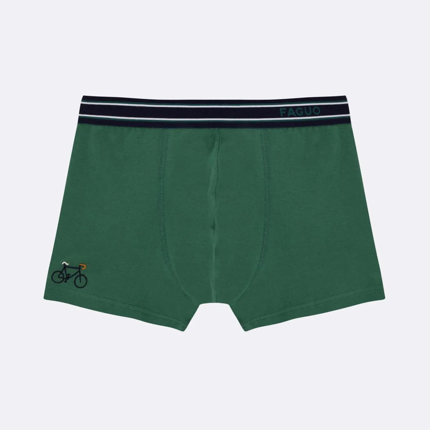 Boxer Faguo vert sapin de face, broderie vélo marine en bas de jambe et ceinture élastiquée rayée blanc et vert