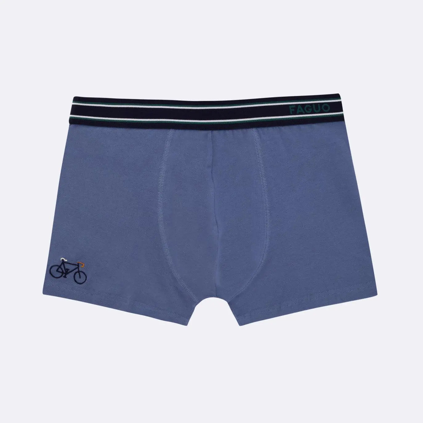 Boxer Faguo bleu jean de face, broderie vélo marine en bas de jambe et ceinture élastiquée rayée marine et blanc
