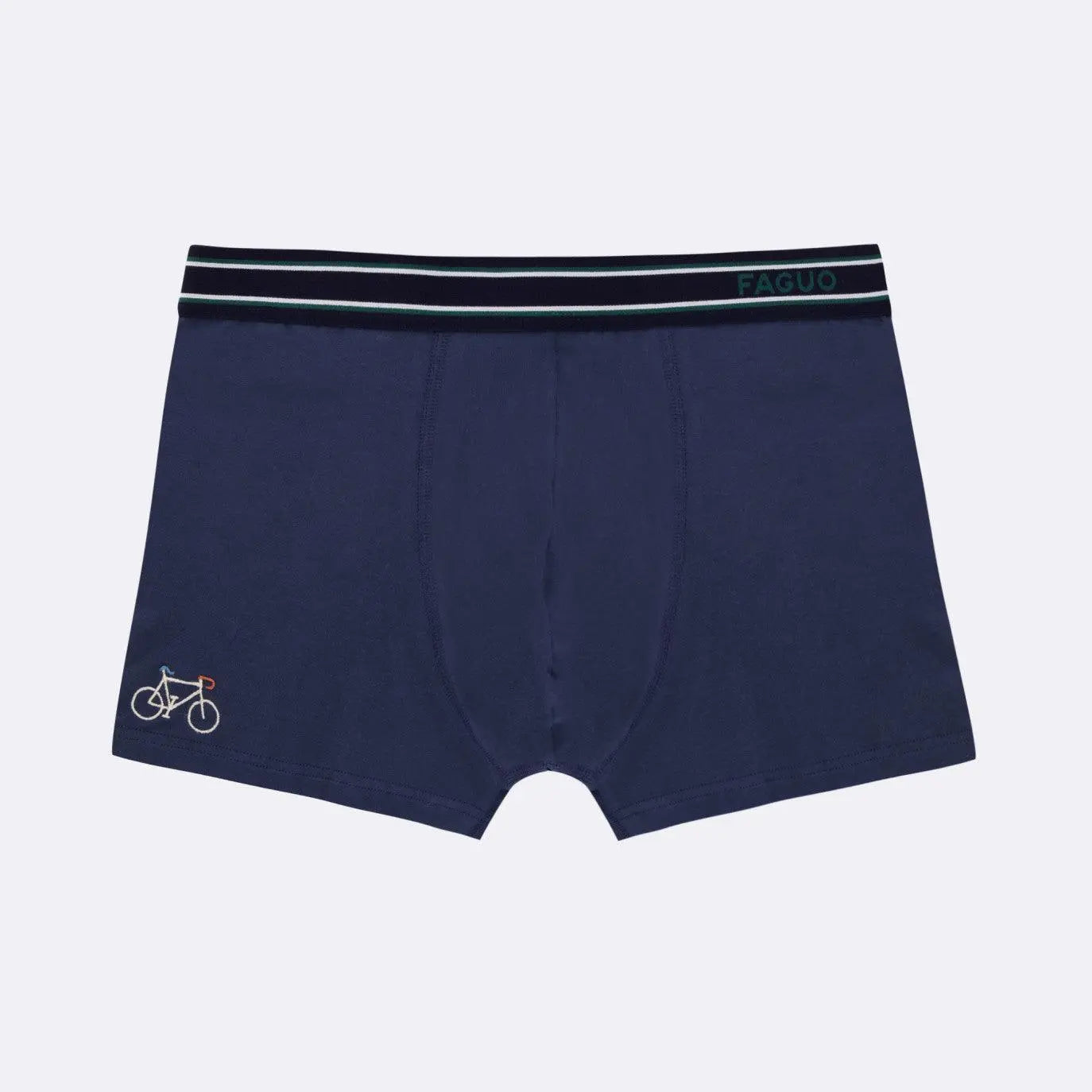 Boxer Faguo bleu marine de face, broderie vélo écrue en bas de jambe et ceinture élastiquée rayée vert et blanc