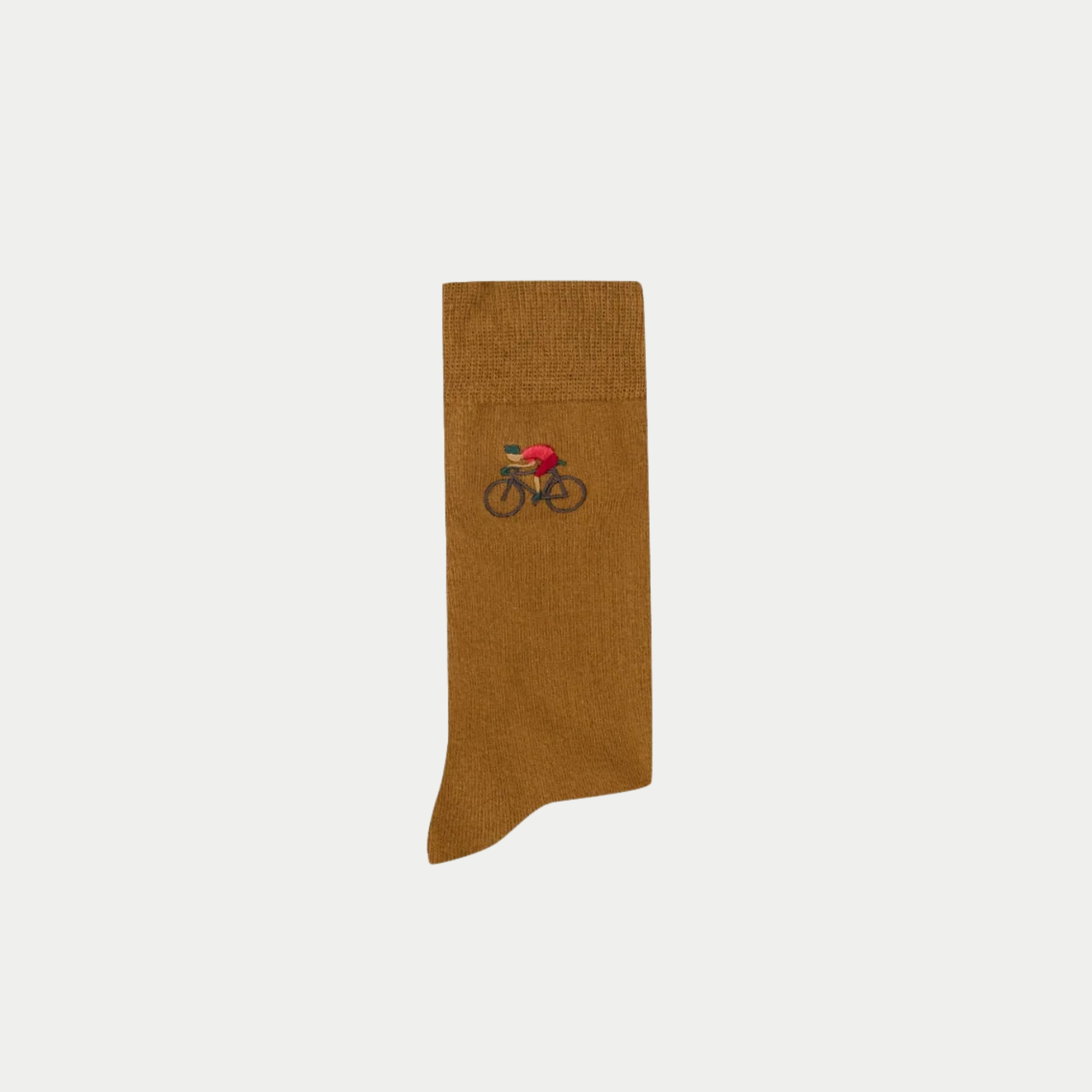Chaussette Faguo camel unie à broderie cycliste en maillot rouge, vue à plat