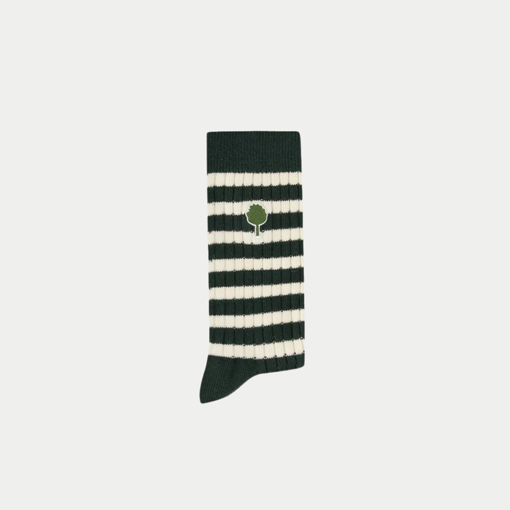 Chaussette Faguo à larges rayures vert foncé et écru, tricot côtes, broderie arbre sur la tige