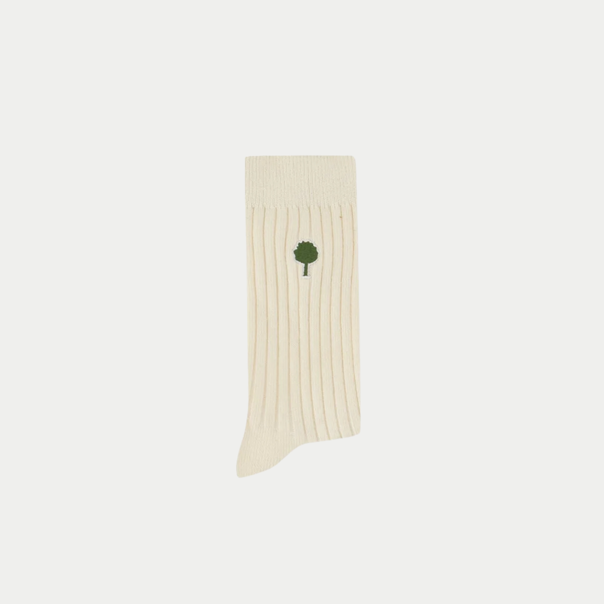 Chaussette Faguo écru unie en tricot côtes, broderie arbre vert foncé sur la tige