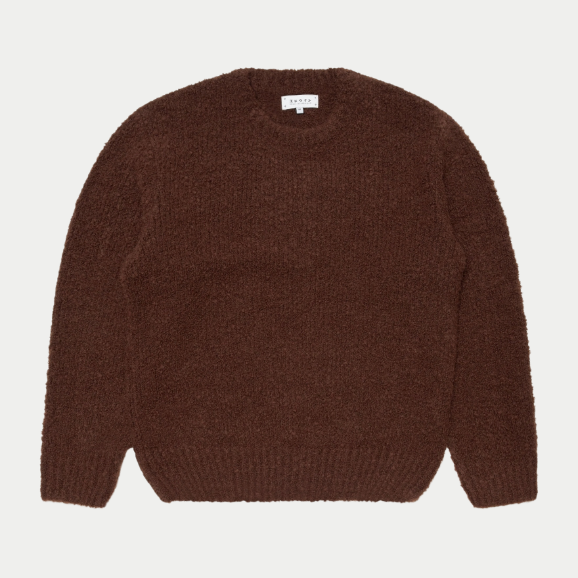 Pull Dun Edwin marron en maille bouclette, vue de face à plat, encolure ronde bordée et bas de corps côtelé