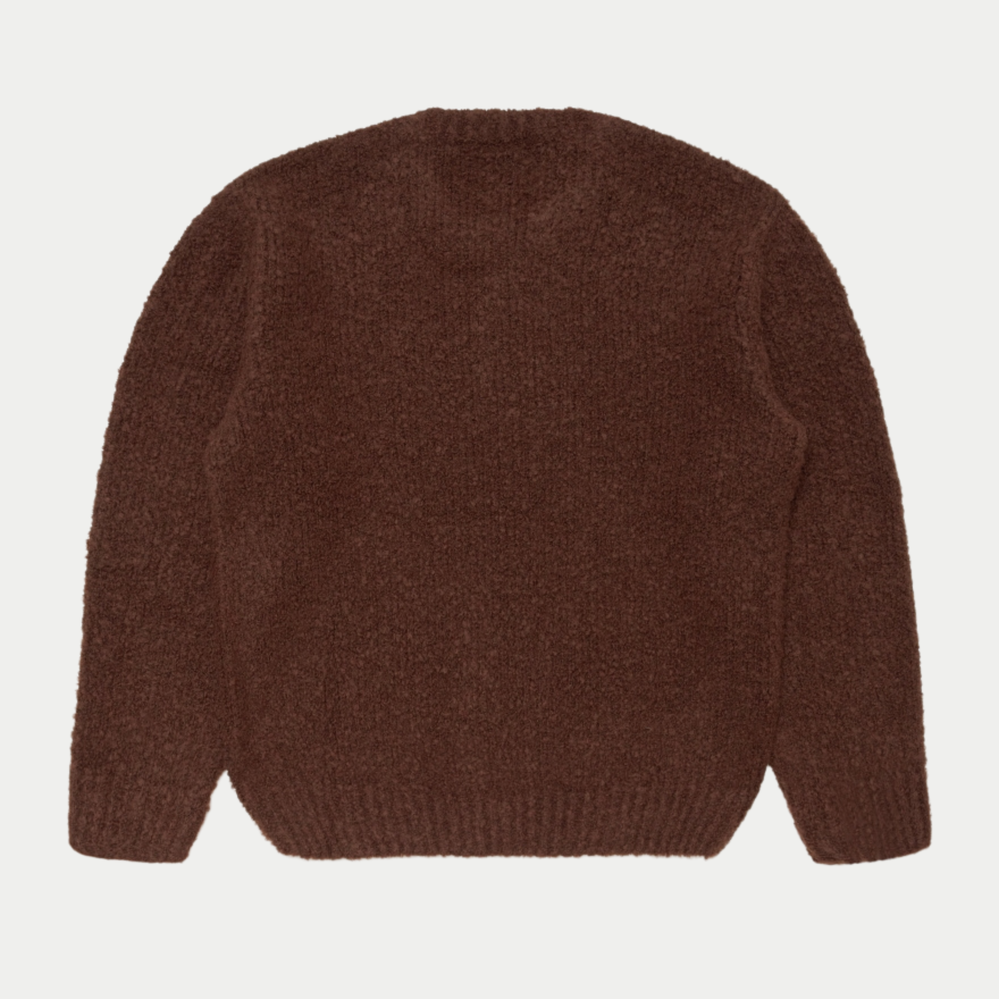 Pull Dun Edwin marron vu de dos à plat, dos uni en maille bouclette et bord-côte inférieur