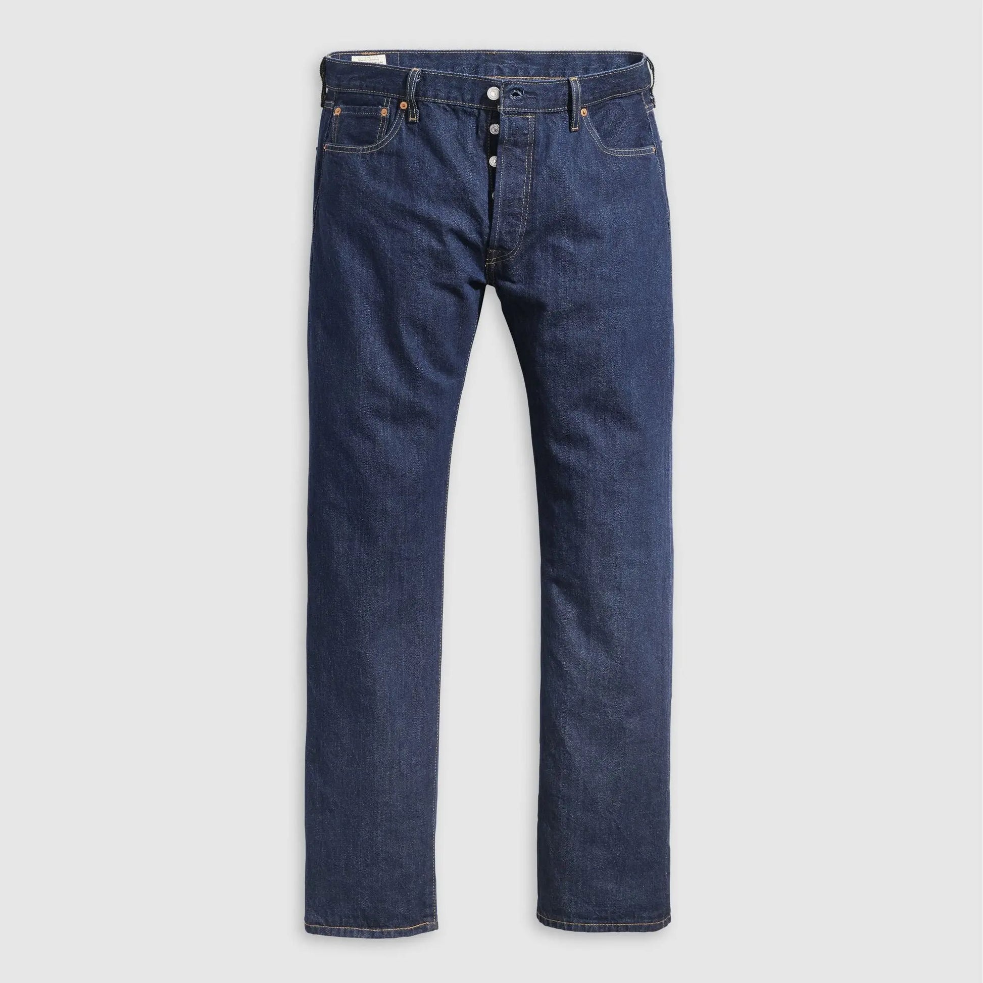 Jean Levi's 501 Original One Wash à plat, denim indigo foncé, braguette boutonnée et surpiqûres orangées
