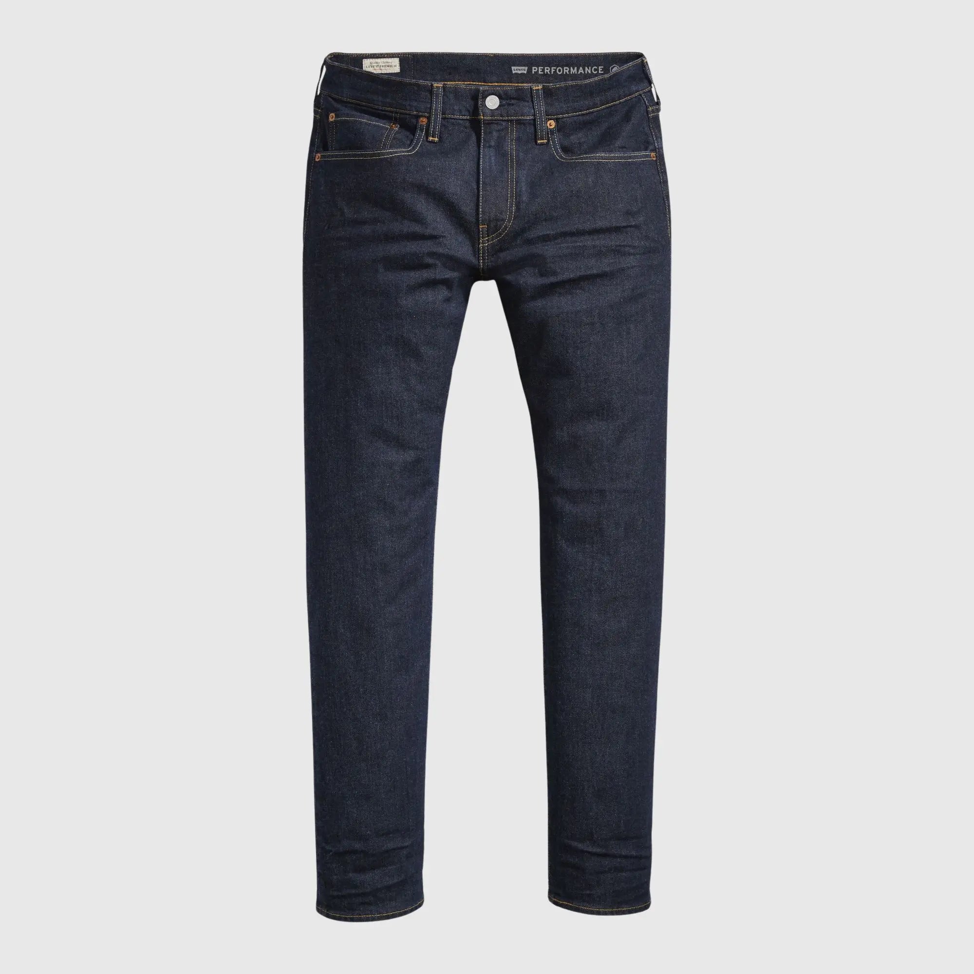 Jean Levi's 502 Taper Rock Cod, denim indigo brut, vue de face à plat avec surpiqûres orangées
