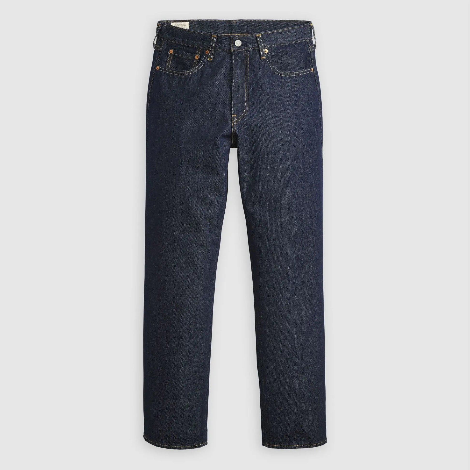 Jean Levi's 568 Loose Straight Welcome To The Game à plat de face : denim indigo brut, cinq poches, surpiqûres jaunes
