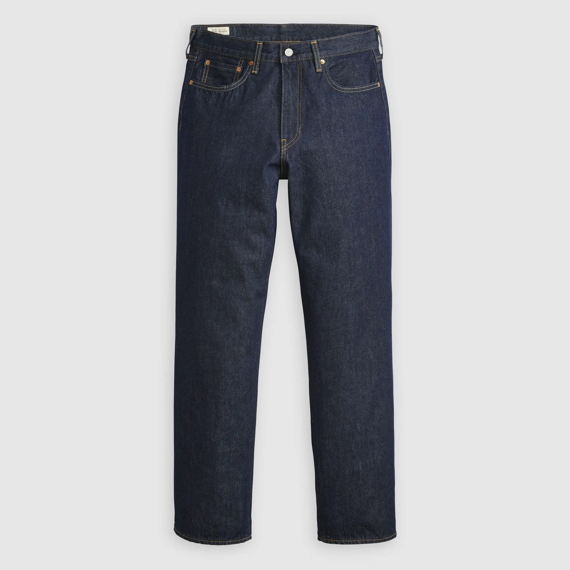 Jean Levi's 568 Loose Straight Welcome To The Game à plat de face : denim indigo brut, cinq poches, surpiqûres jaunes