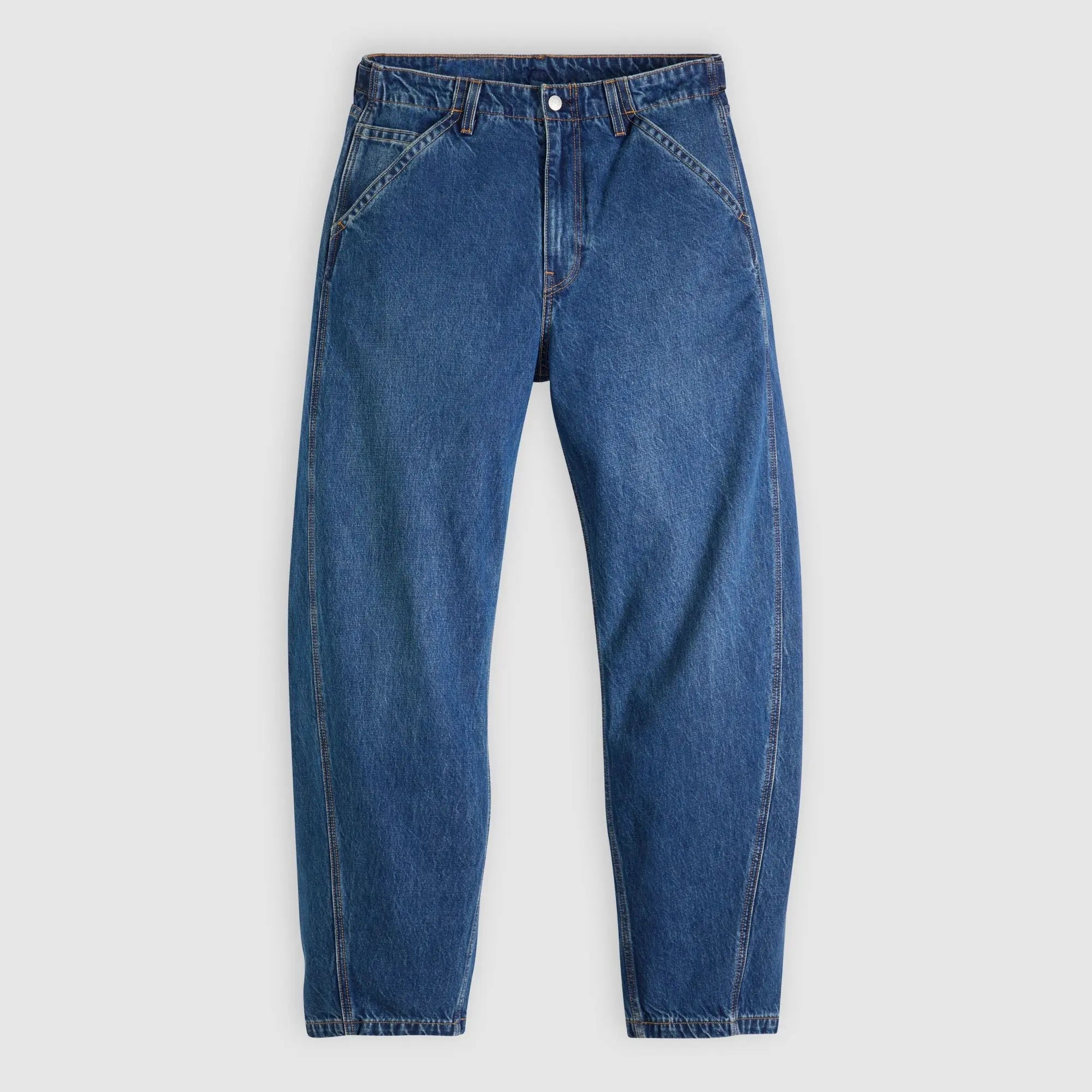 Jean Levi's Baggy Barrel Max Volume à plat, vue de face : coupe ample fuselée à la cheville, denim bleu indigo délavé