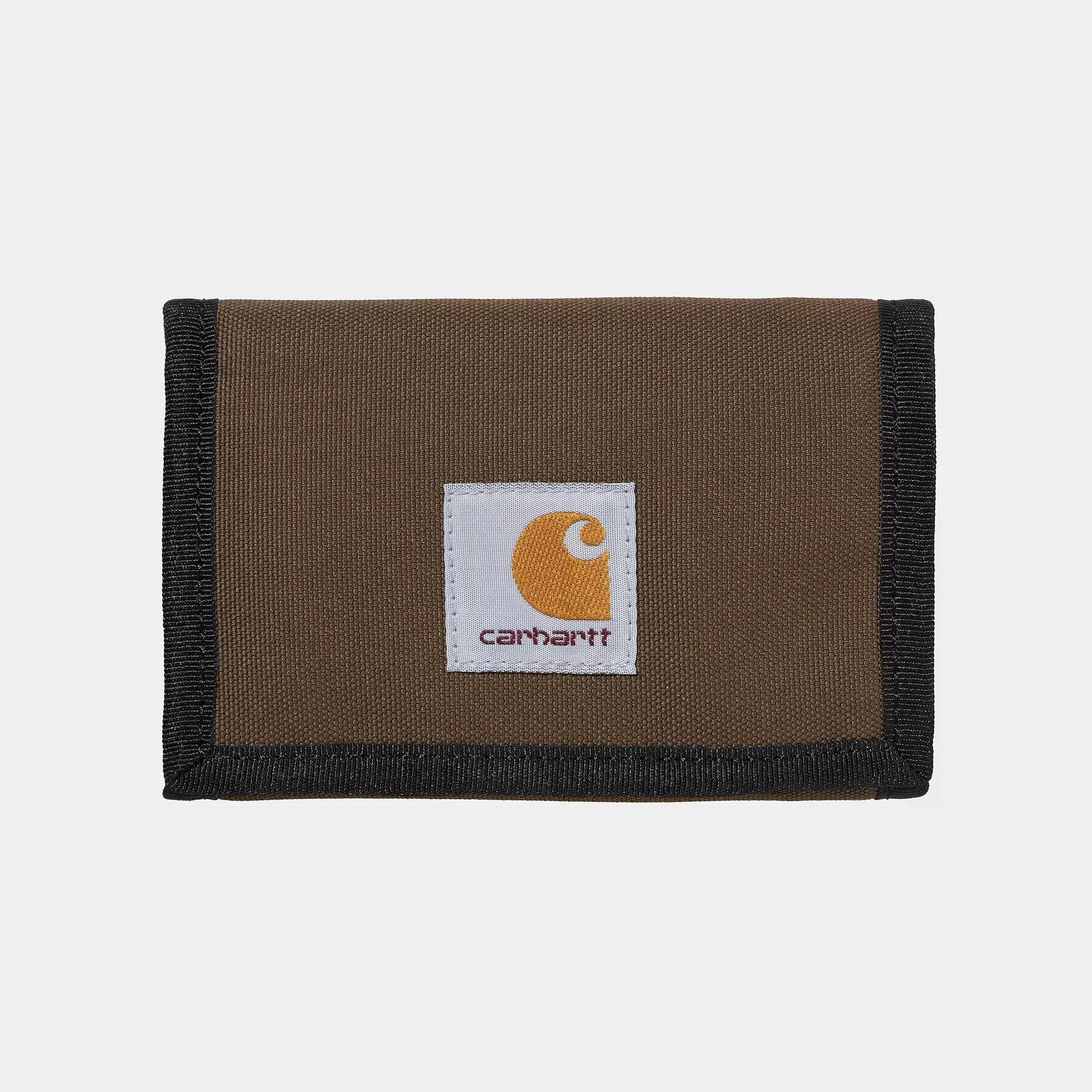 Portefeuille Alec Liberica Carhartt WIP en toile Duck brune, face avant fermée, étiquette carrée logo au centre