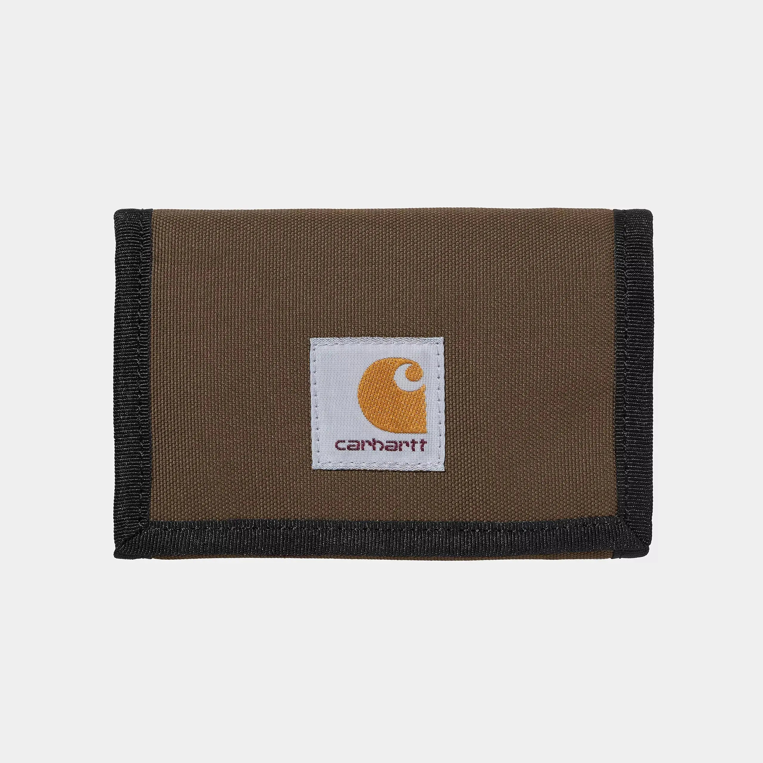 Portefeuille Alec Liberica Carhartt WIP en toile Duck brune, face avant fermée, étiquette carrée logo au centre