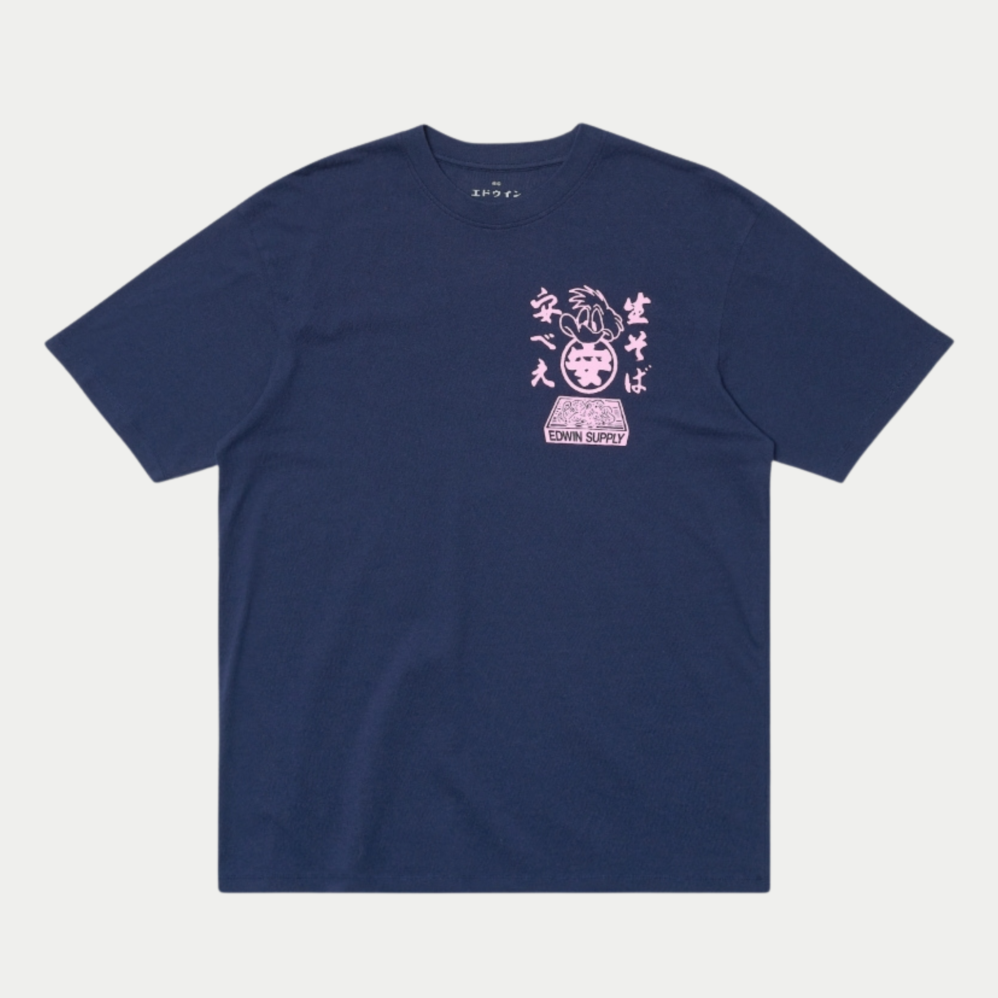 T-shirt Soba Yasubé Edwin bleu marine, vue de face à plat, imprimé rose sur la poitrine et col rond côtelé