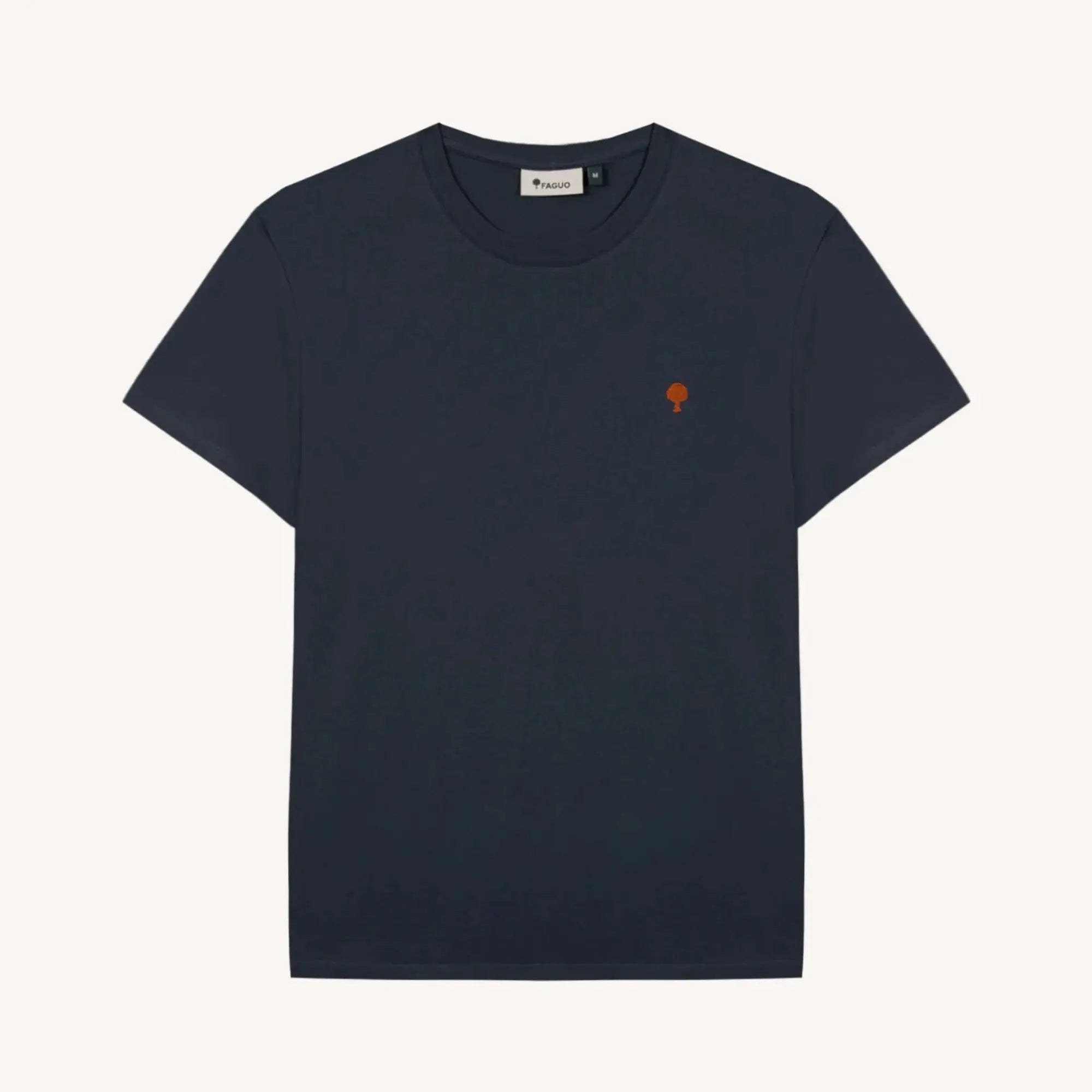 T-shirt Arcy Faguo bleu marine à plat, col rond et broderie arbre orange sur la poitrine