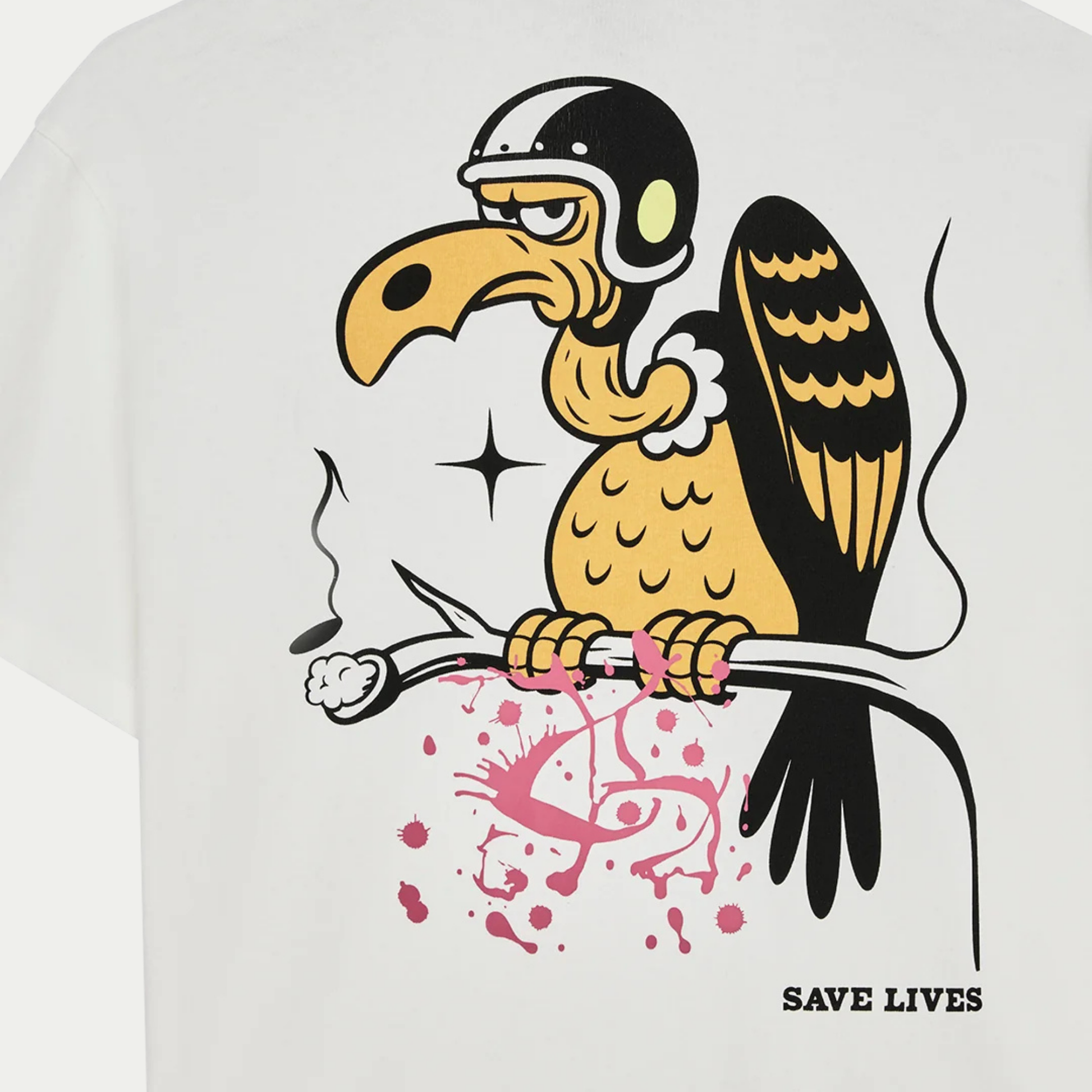 T-shirt Turpentine blanc Deus Ex Machina, gros plan de l’imprimé dos : vautour à casque, fumée et éclaboussures roses