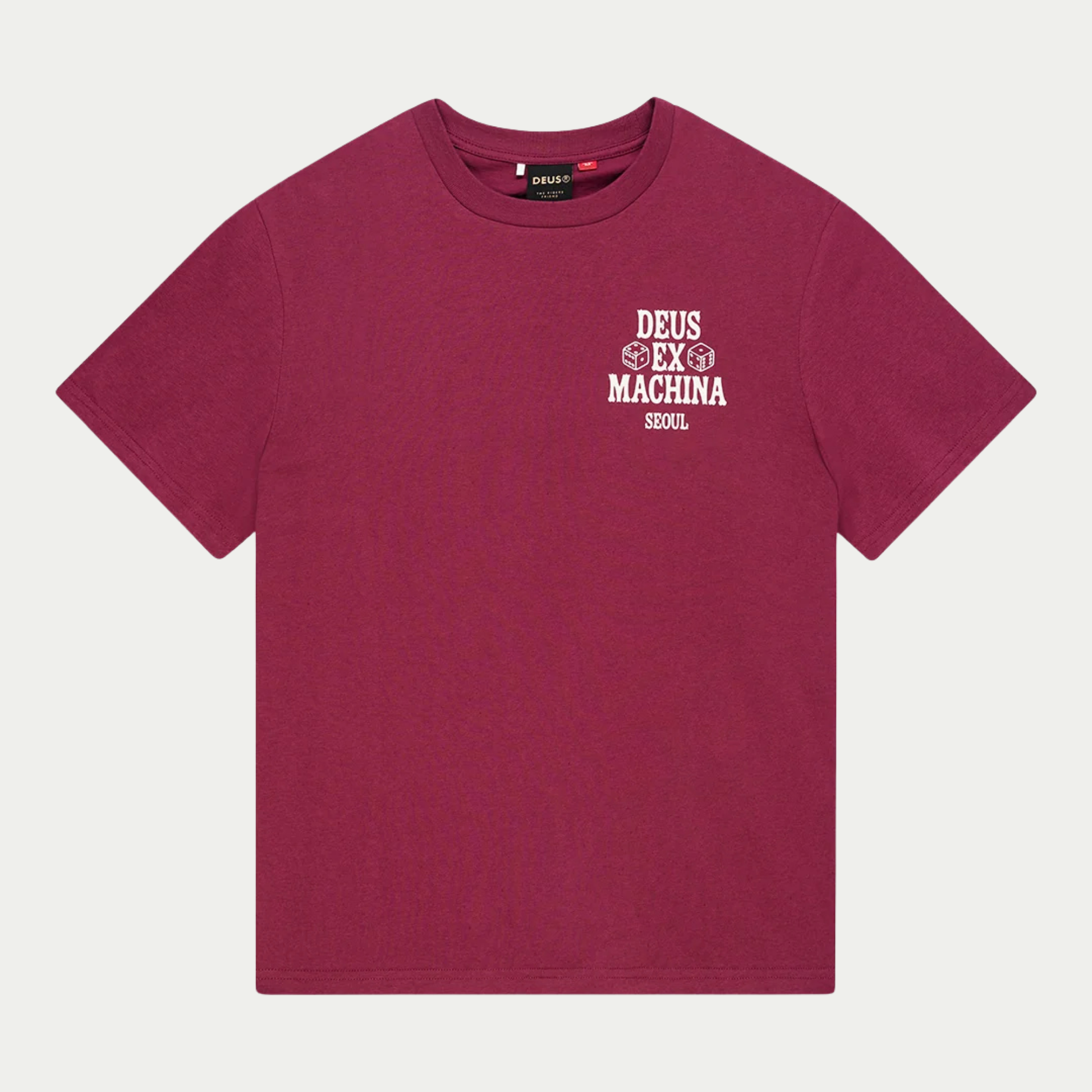 T-shirt Seoul Ceramic bordeaux Deus Ex Machina, vue de face à plat, imprimé DEUS EX MACHINA SEOUL aux dés sur la poitrine